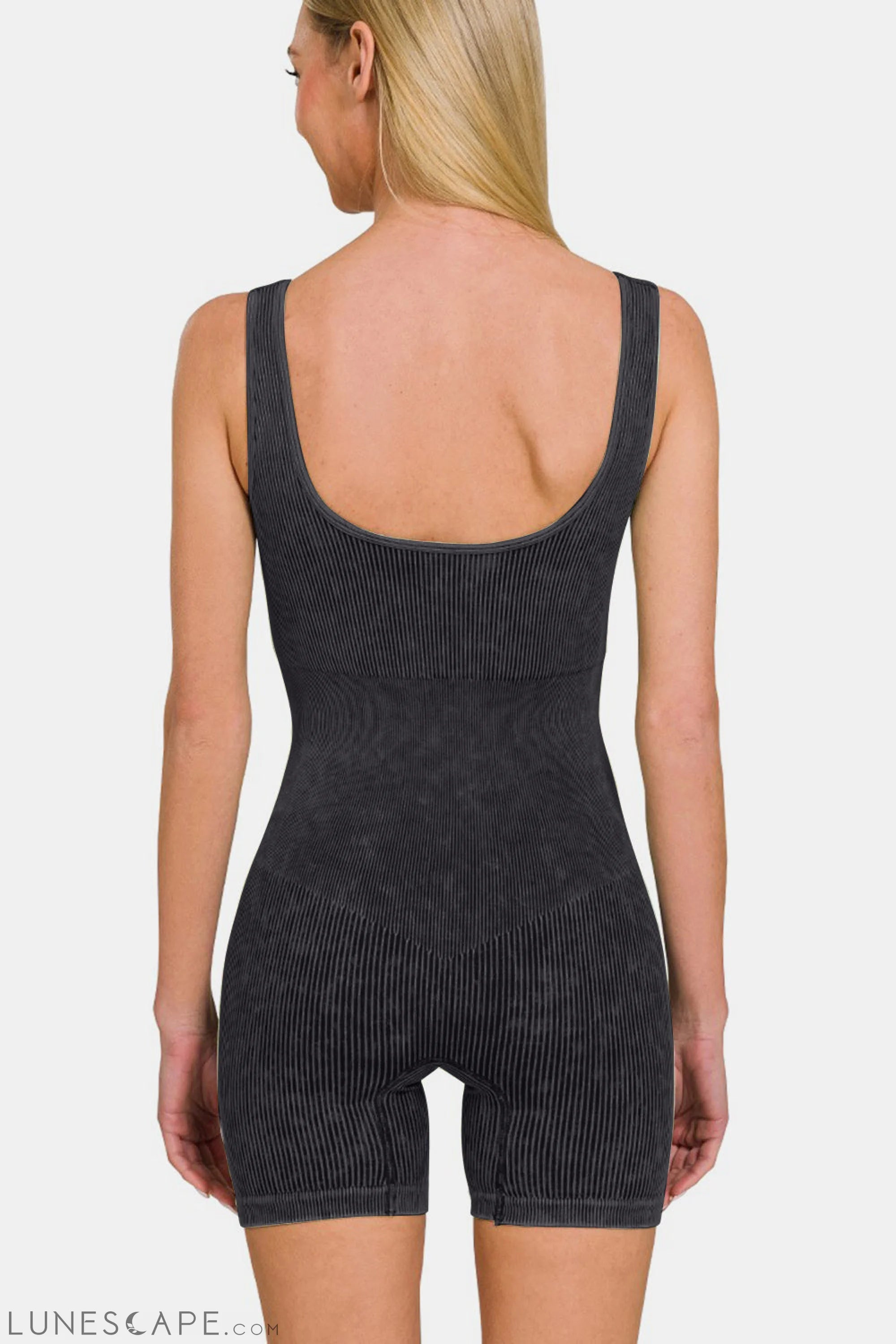 Zenana Washed Ribbed Romper with Pad LUNESCAPE