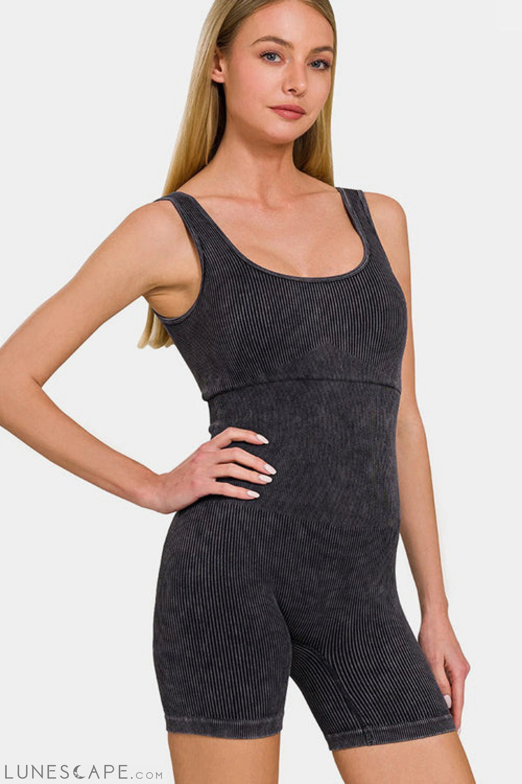 Zenana Washed Ribbed Romper with Pad LUNESCAPE