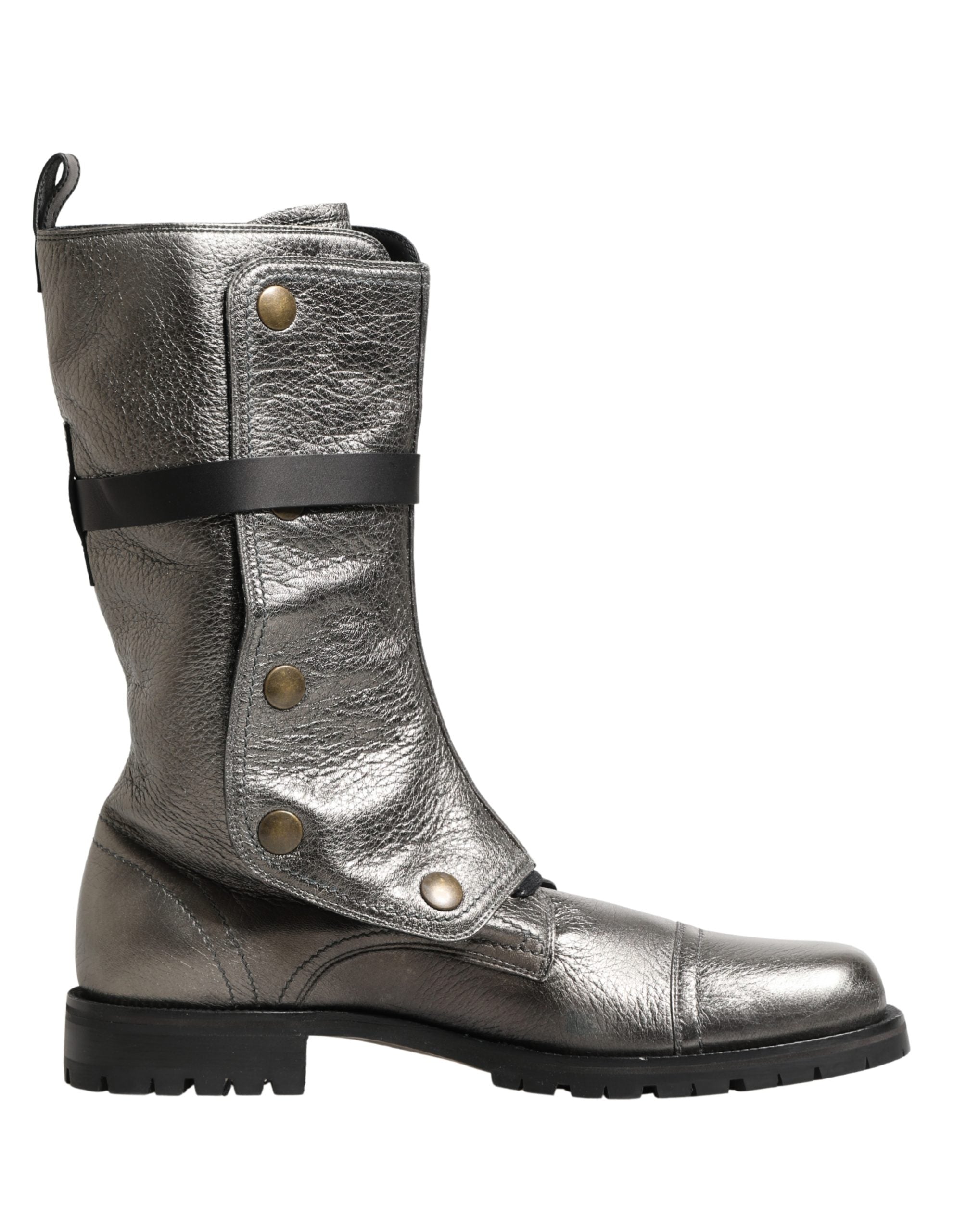 Dolce & Gabbana Metallic Silver Combat Biker Mid Calf Boots Shoes