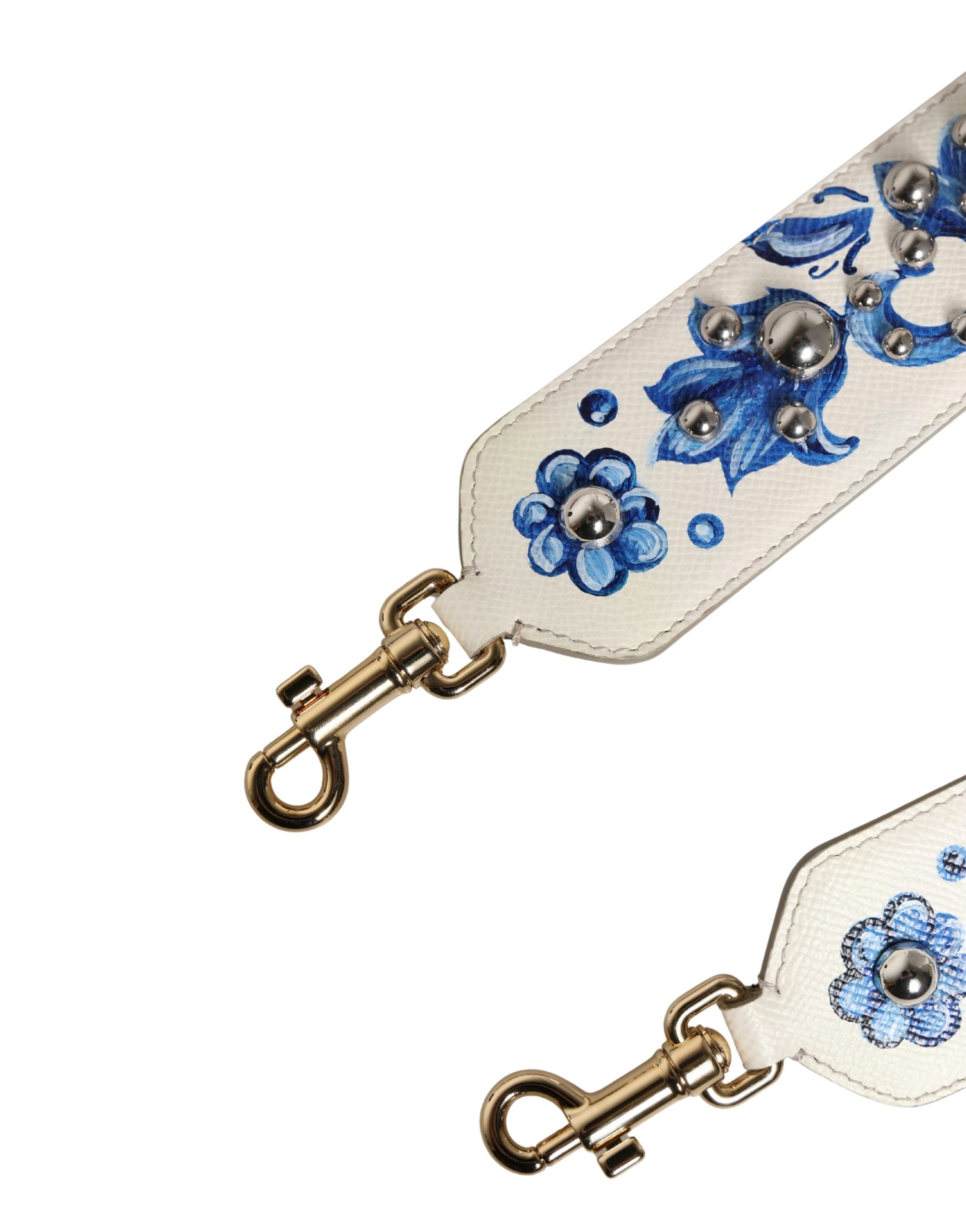 Dolce & Gabbana White Blue Floral Leather Stud Accessory Shoulder Strap