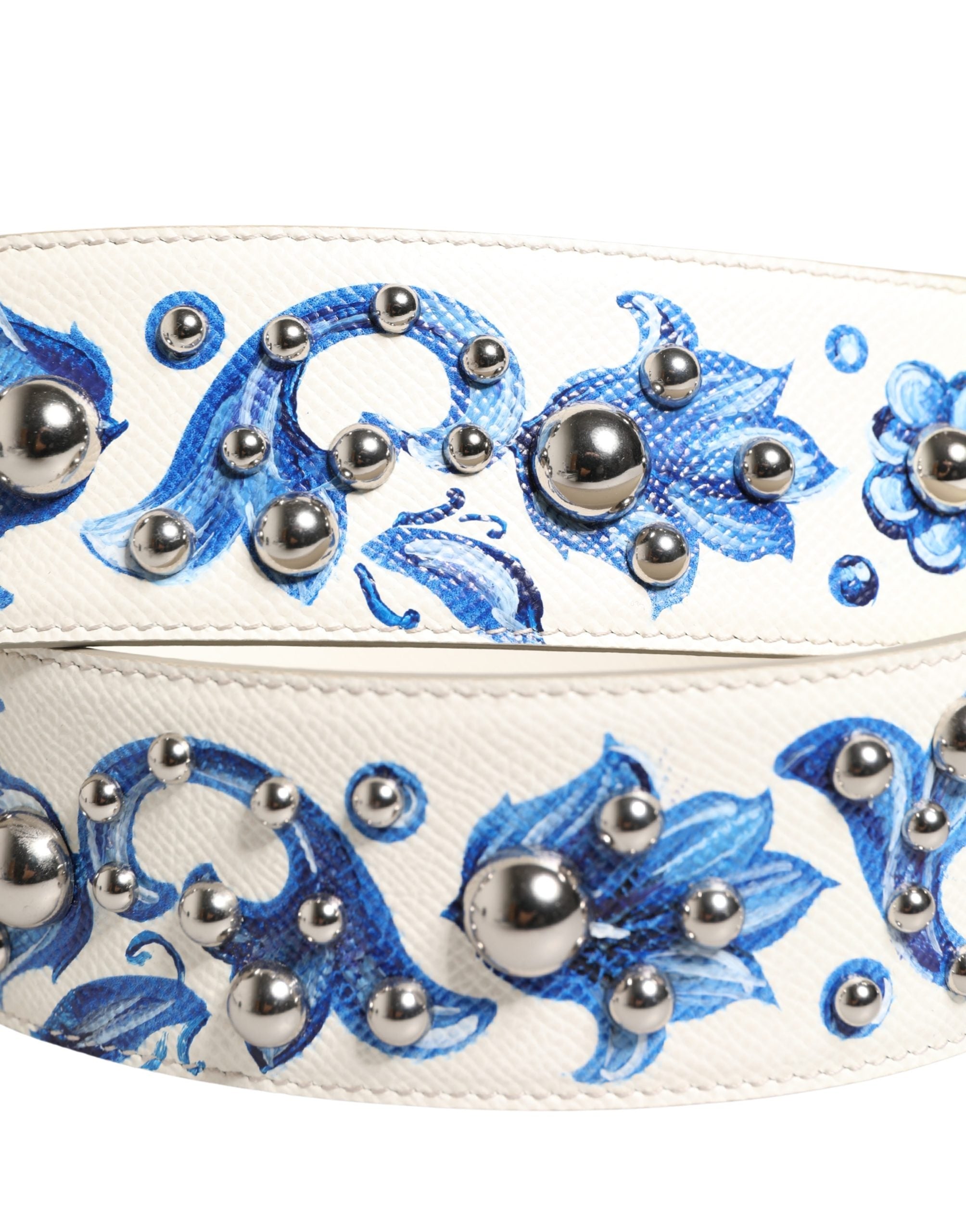 Dolce & Gabbana White Blue Floral Leather Stud Accessory Shoulder Strap
