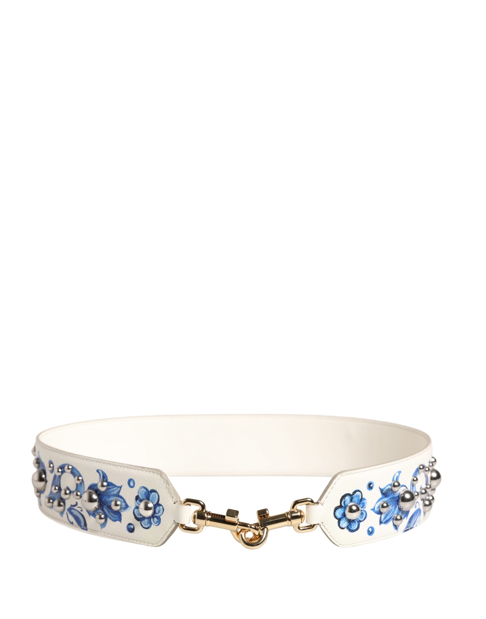 Dolce & Gabbana White Blue Floral Leather Stud Accessory Shoulder Strap