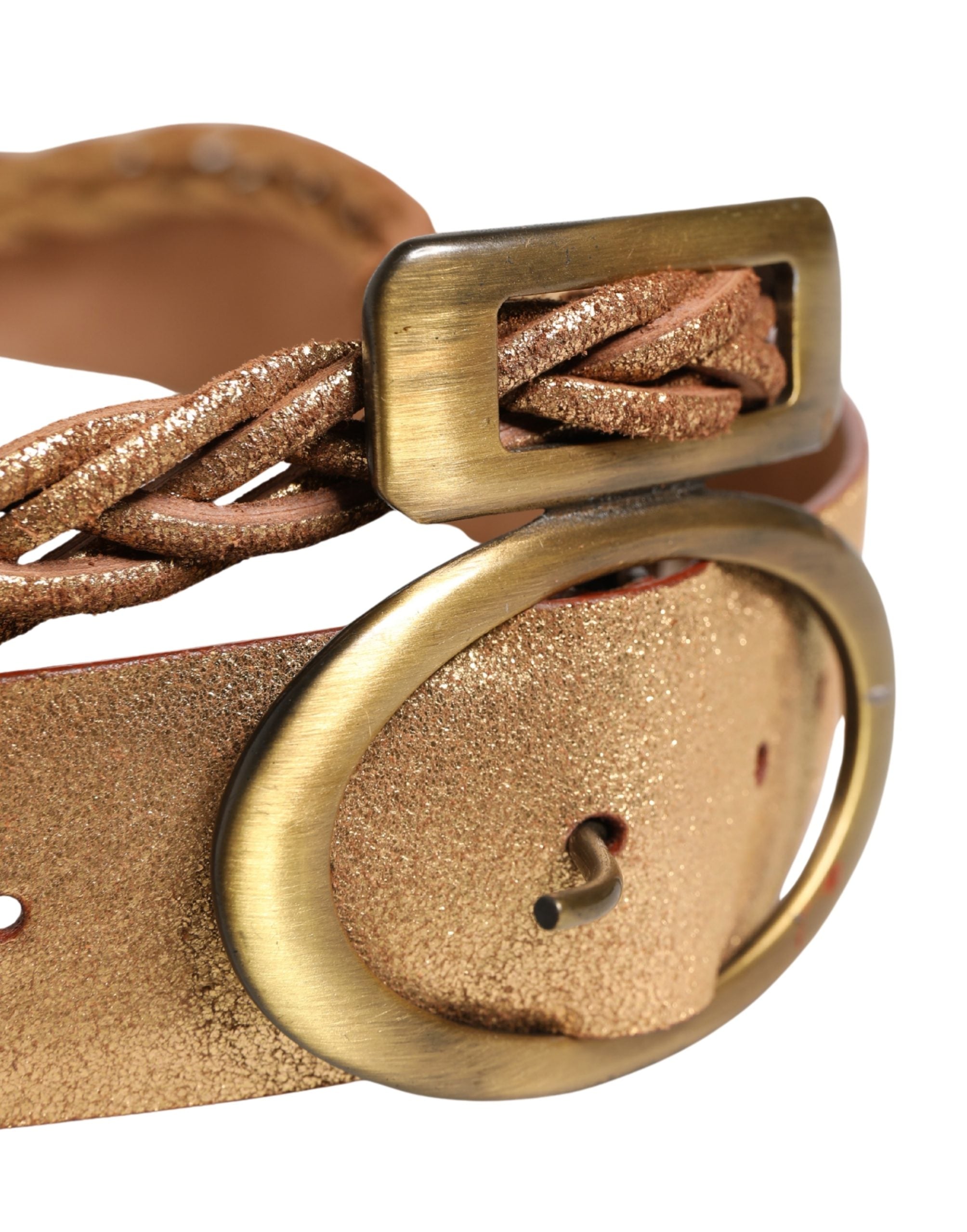 Ermanno Scervino Gold Leather Braided Metal Buckle Belt