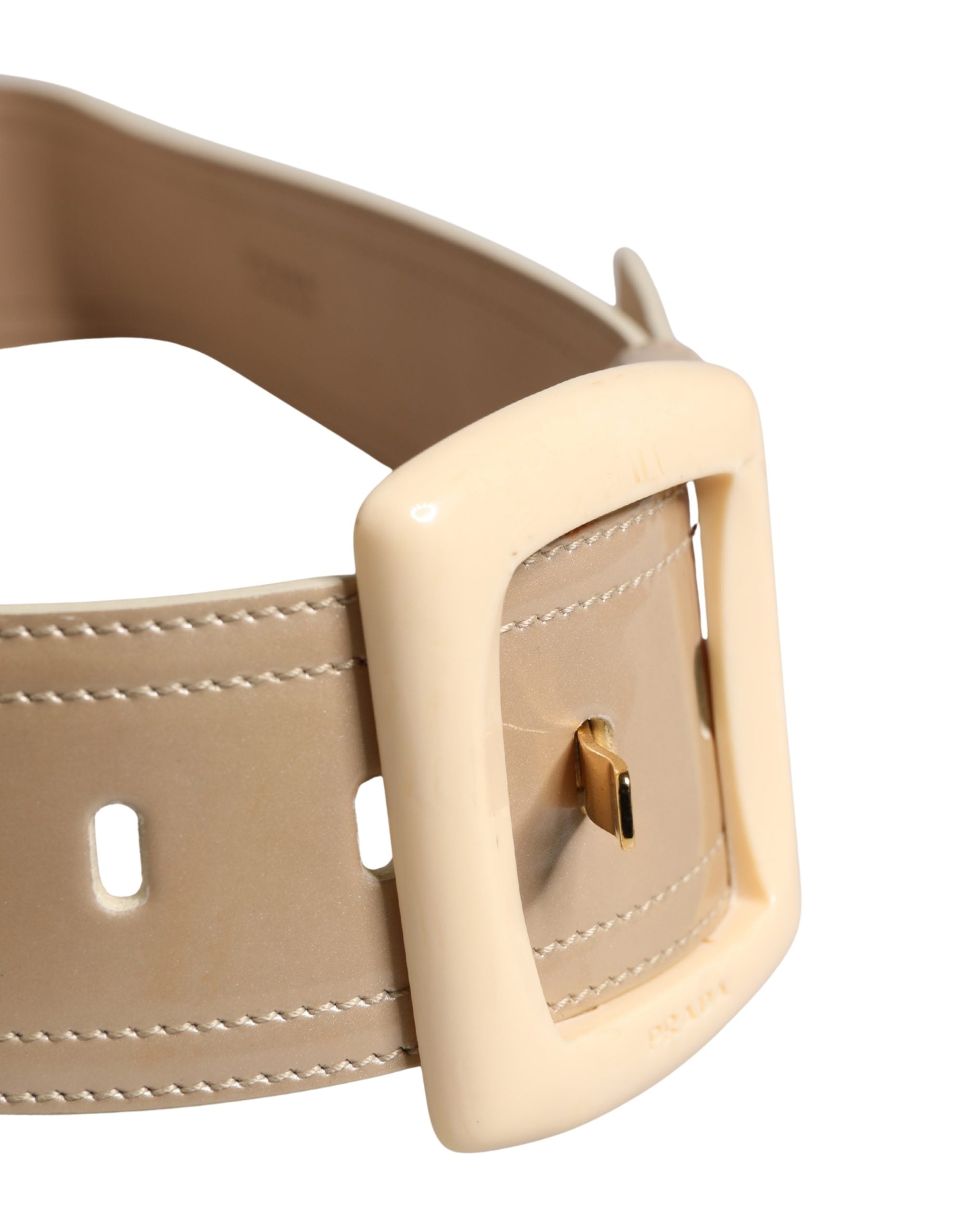 Prada Beige Leather Logo Wide Waist Women Square Buckle Belt