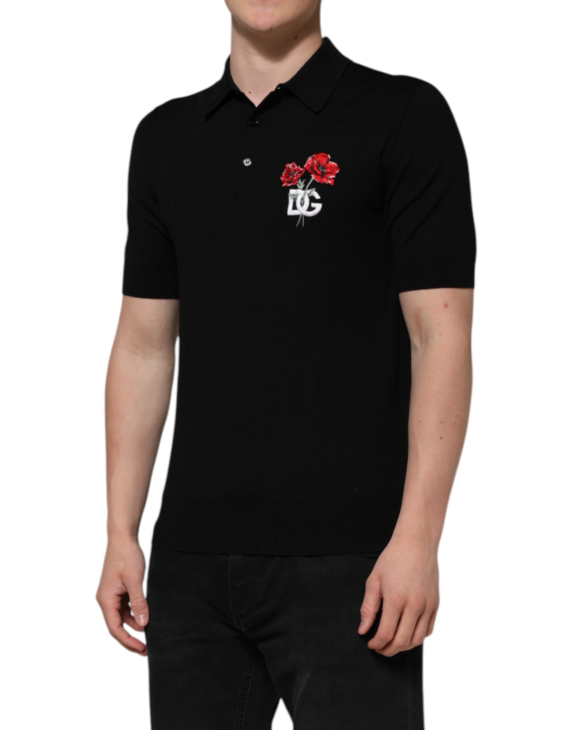 Dolce & Gabbana Black Wool Logo Floral Short Sleeve T-shirt
