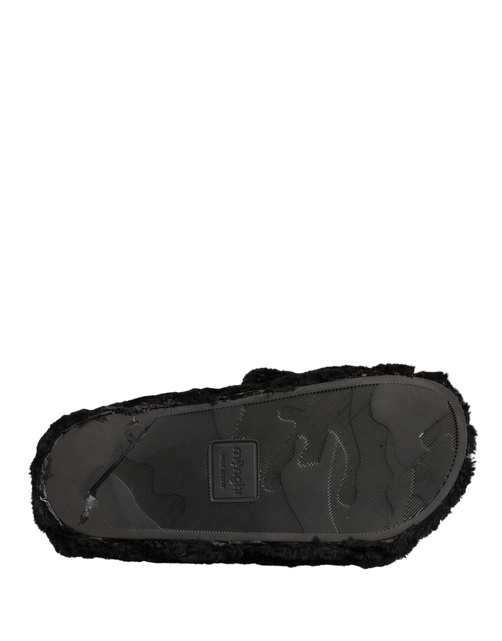 Dolce & Gabbana Black Faux Fur Panther Plush Flat Slides Shoes