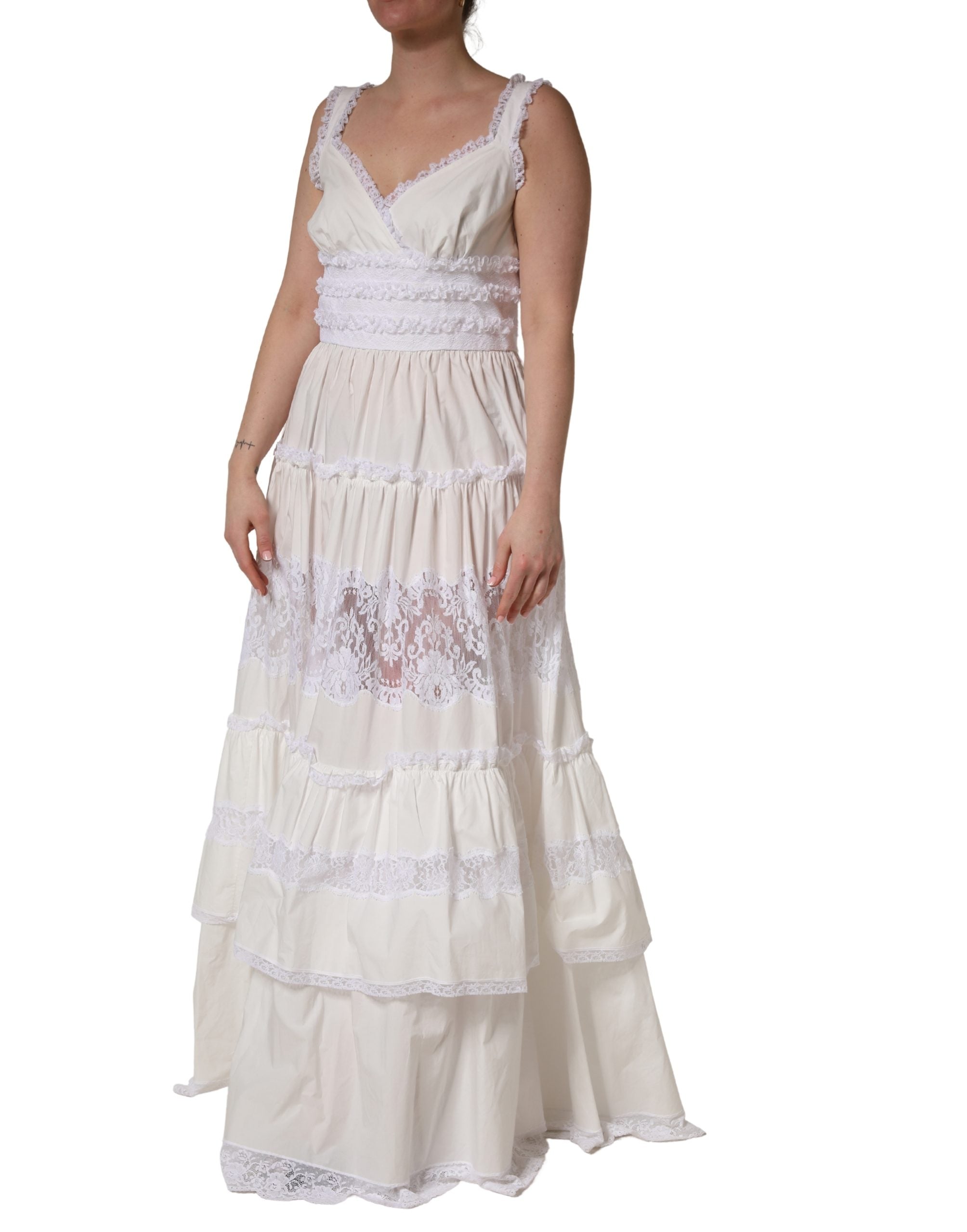 Dolce & Gabbana White Cotton Sleeveless Lace Maxi Dress