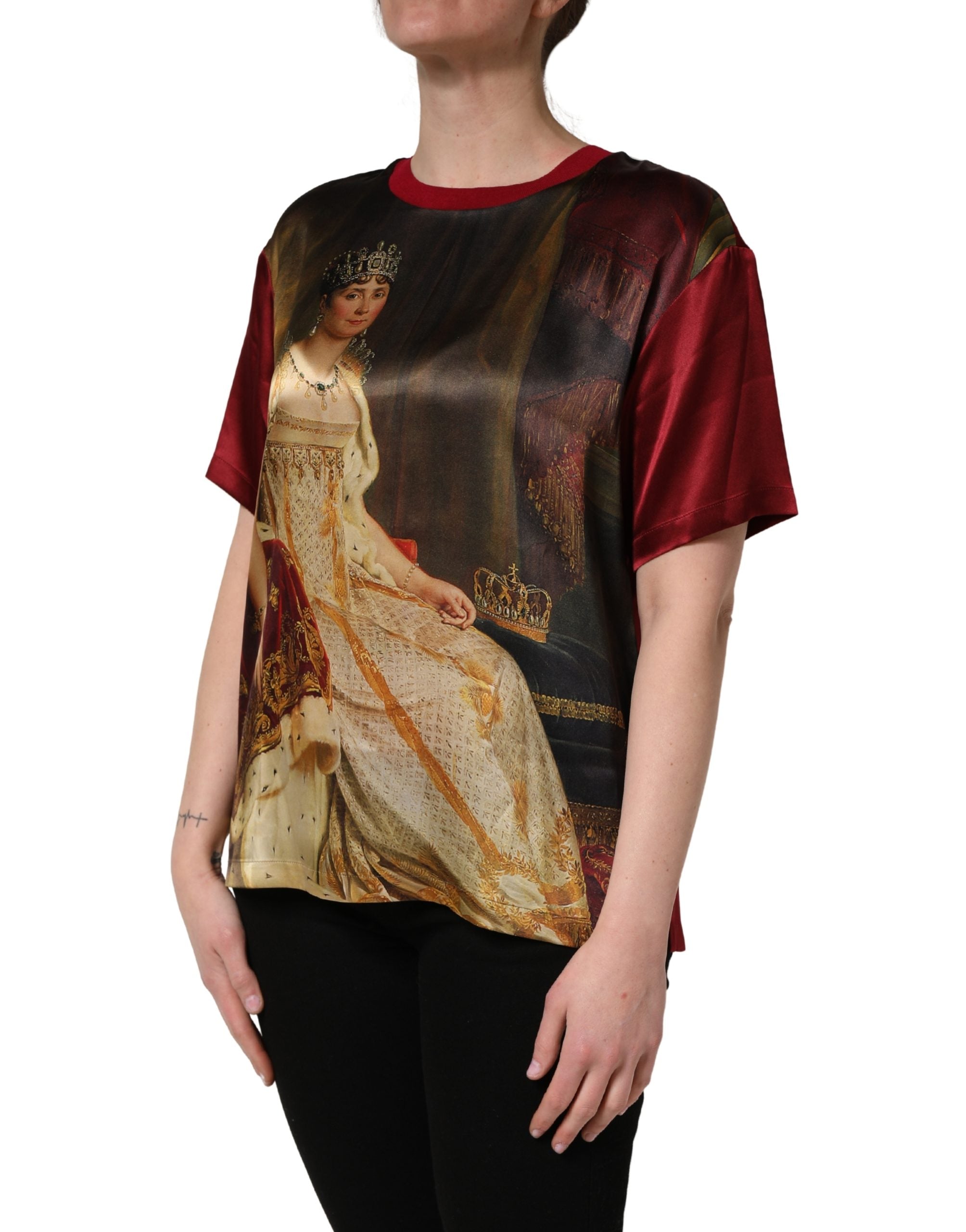 Dolce & Gabbana Maroon Royal Crown Dress Queen Painting Silk  T-shirt