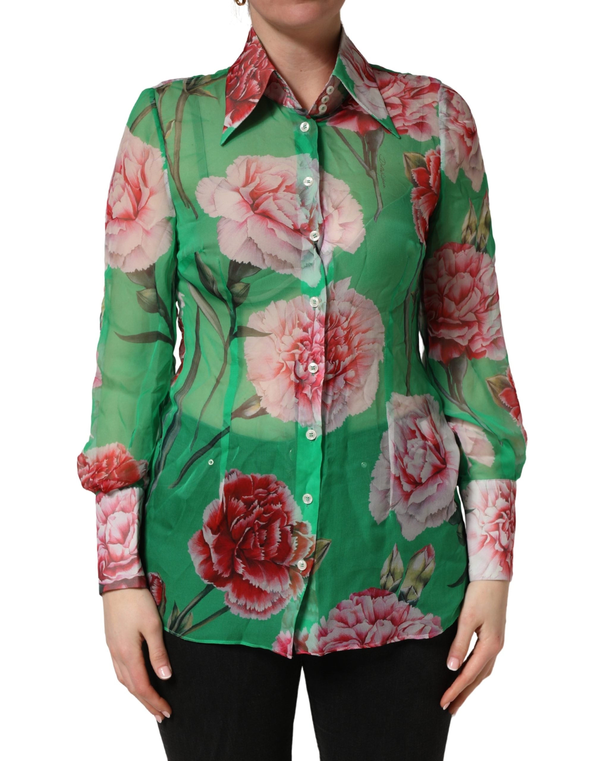 Dolce & Gabbana Green CarnationPrint Silk Collared Blouse Top
