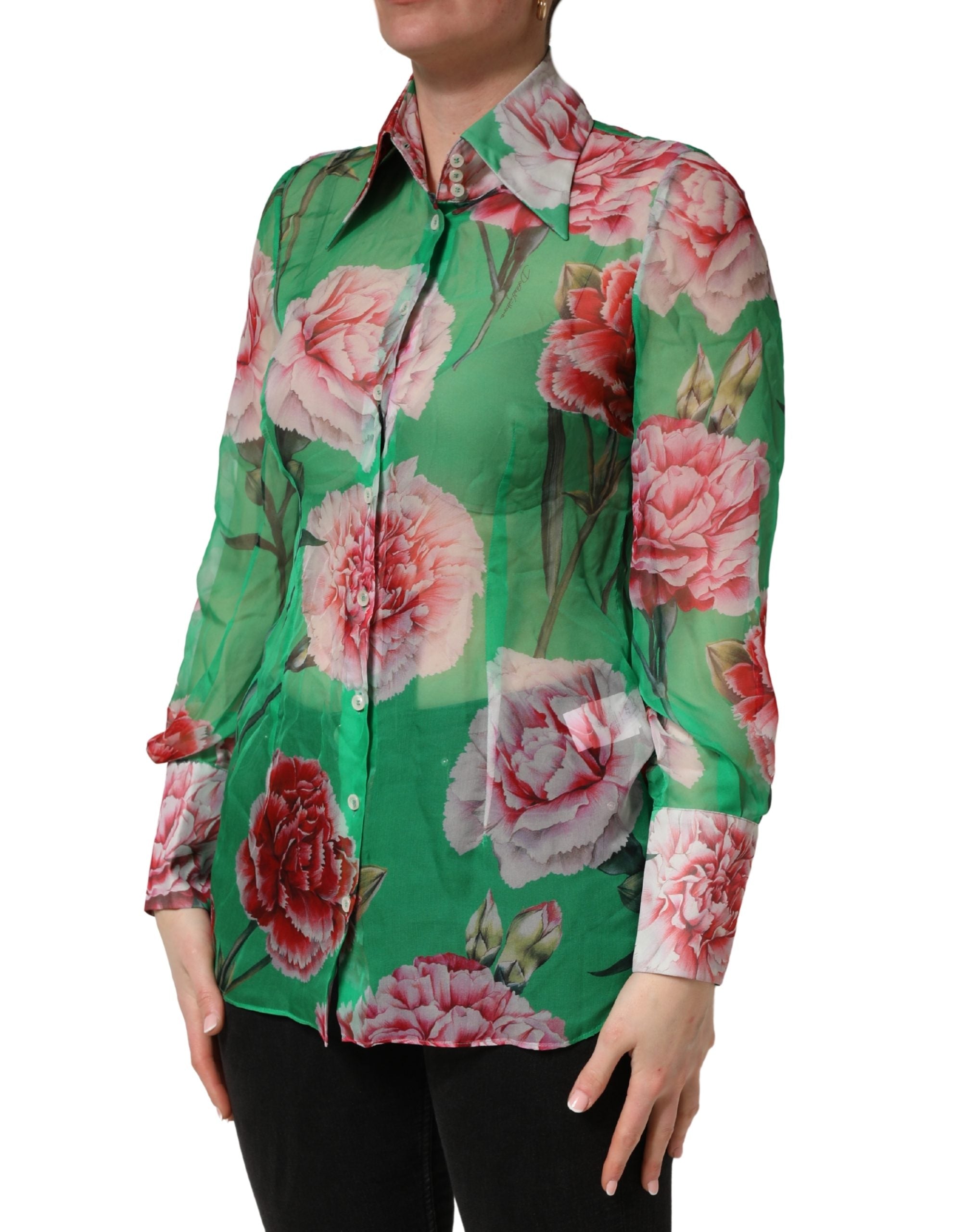 Dolce & Gabbana Green CarnationPrint Silk Collared Blouse Top