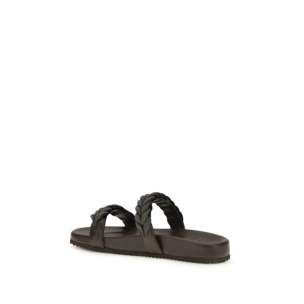 Brunello Cucinelli Brown Calf Leather Bos Taurus Flat Sandals LUNESCAPE