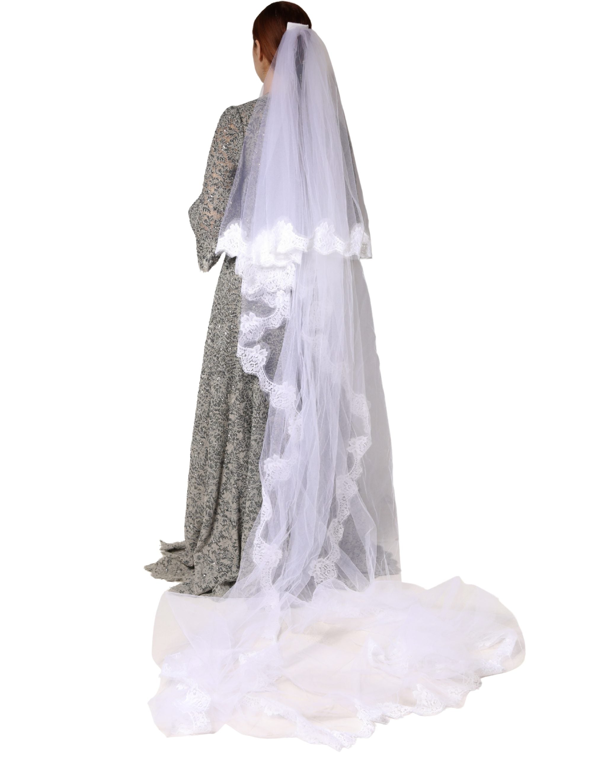 Dolce & Gabbana White Floral Lace Nylon Floor Length Long Wedding Veil