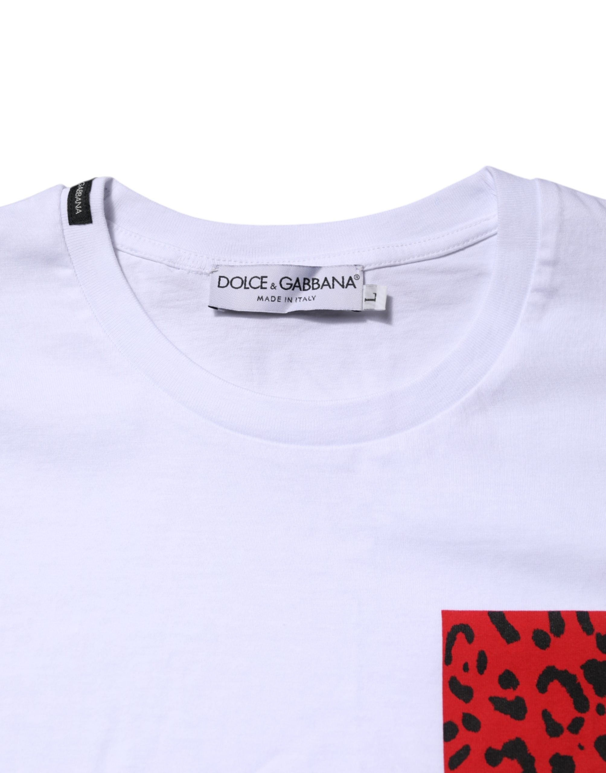 Dolce & Gabbana White Cotton Leopard Print Crew Neck T-shirt