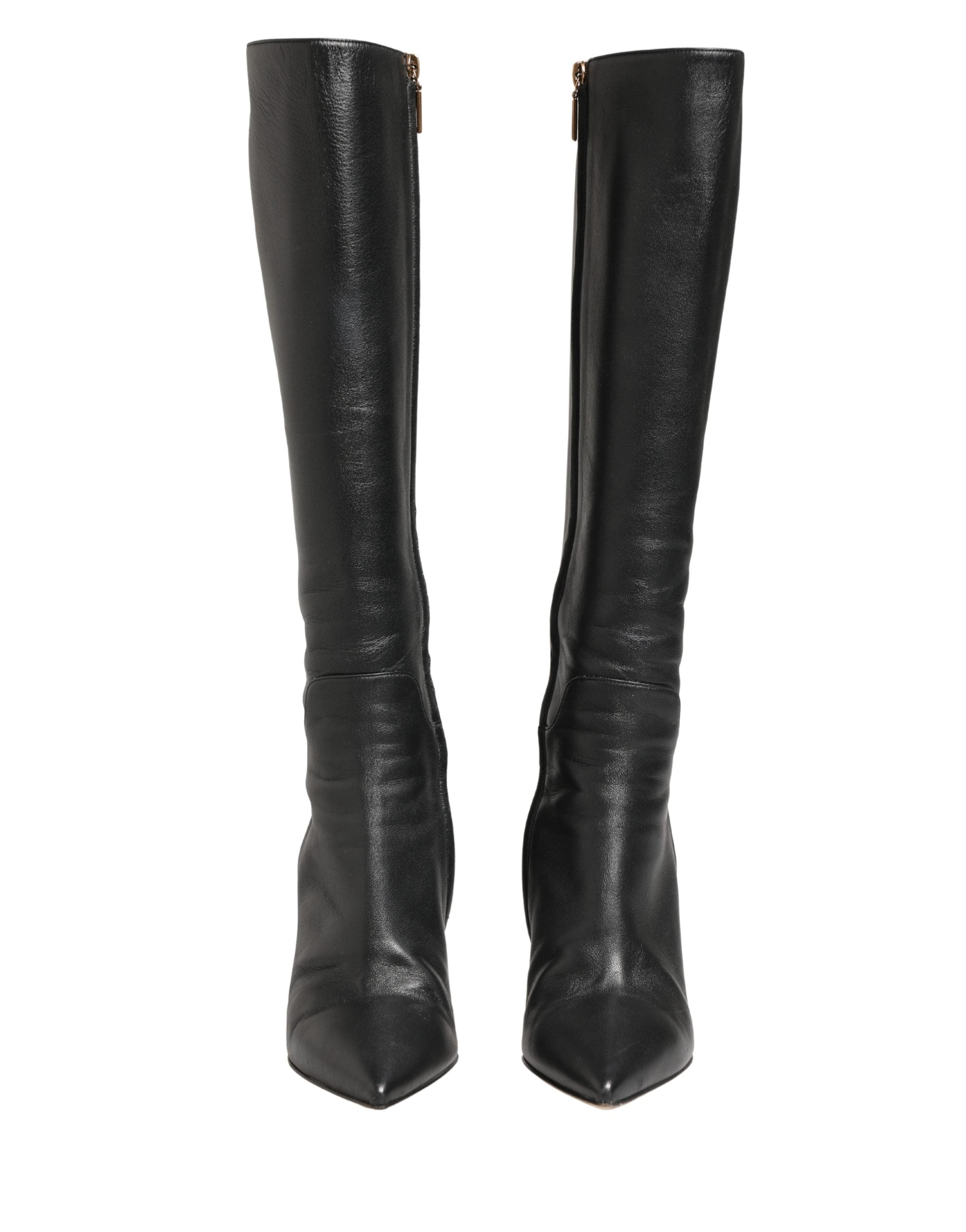 Dolce & Gabbana Black Leather Heels Knee High Boots Shoes