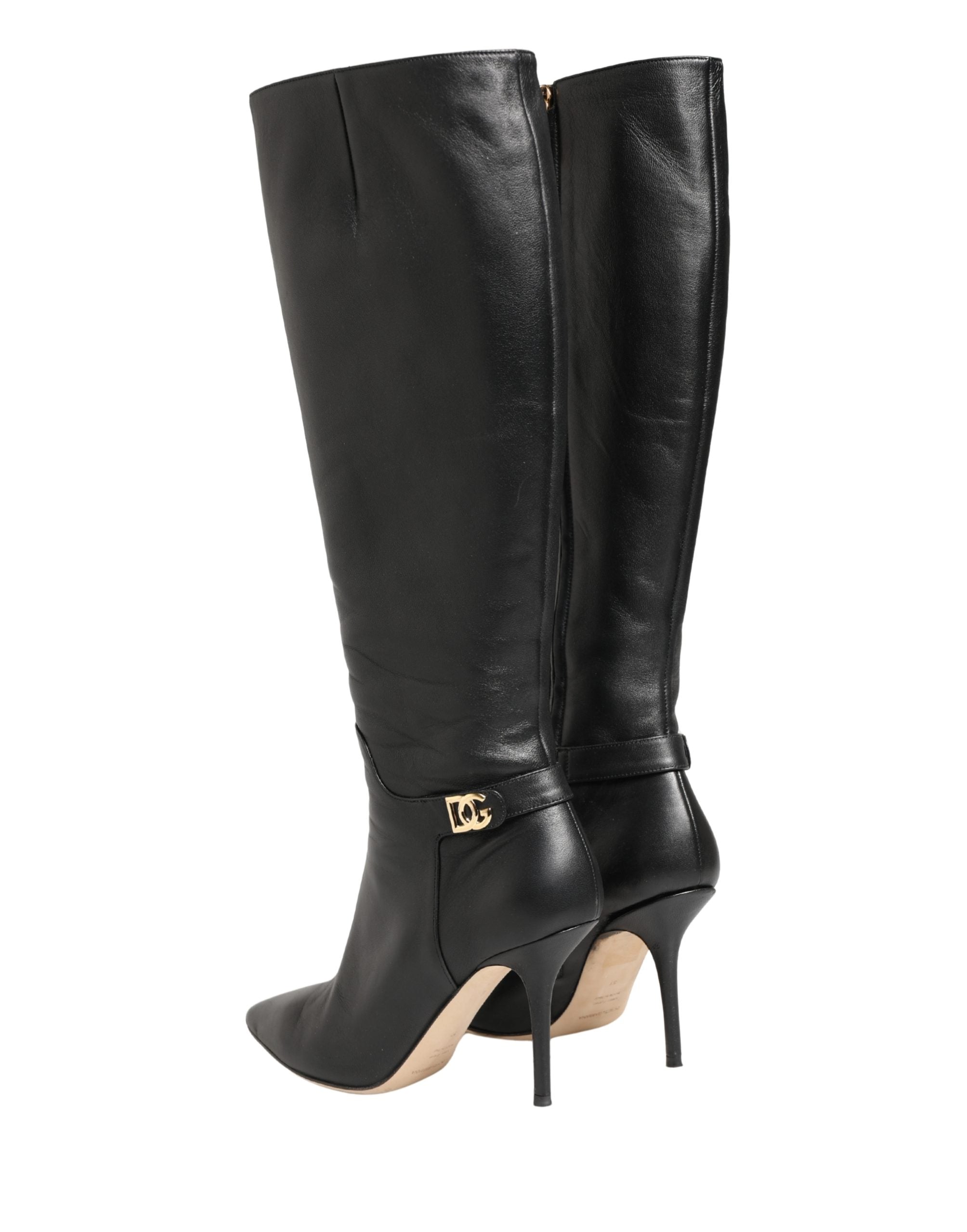 Dolce & Gabbana Black Leather Heels Knee High Boots Shoes