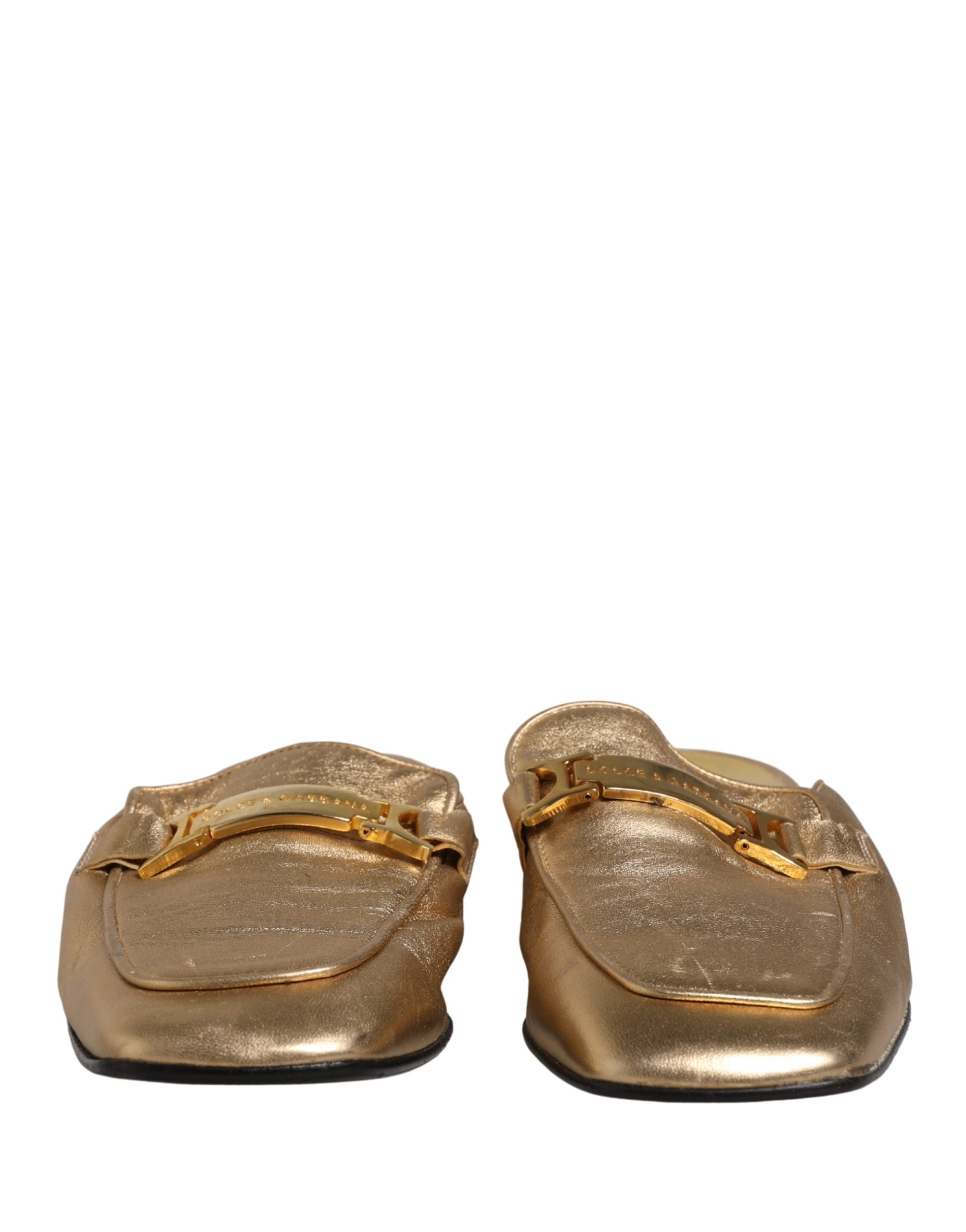 Dolce & Gabbana Gold Leather Flats Slides Mule Loafers Shoes