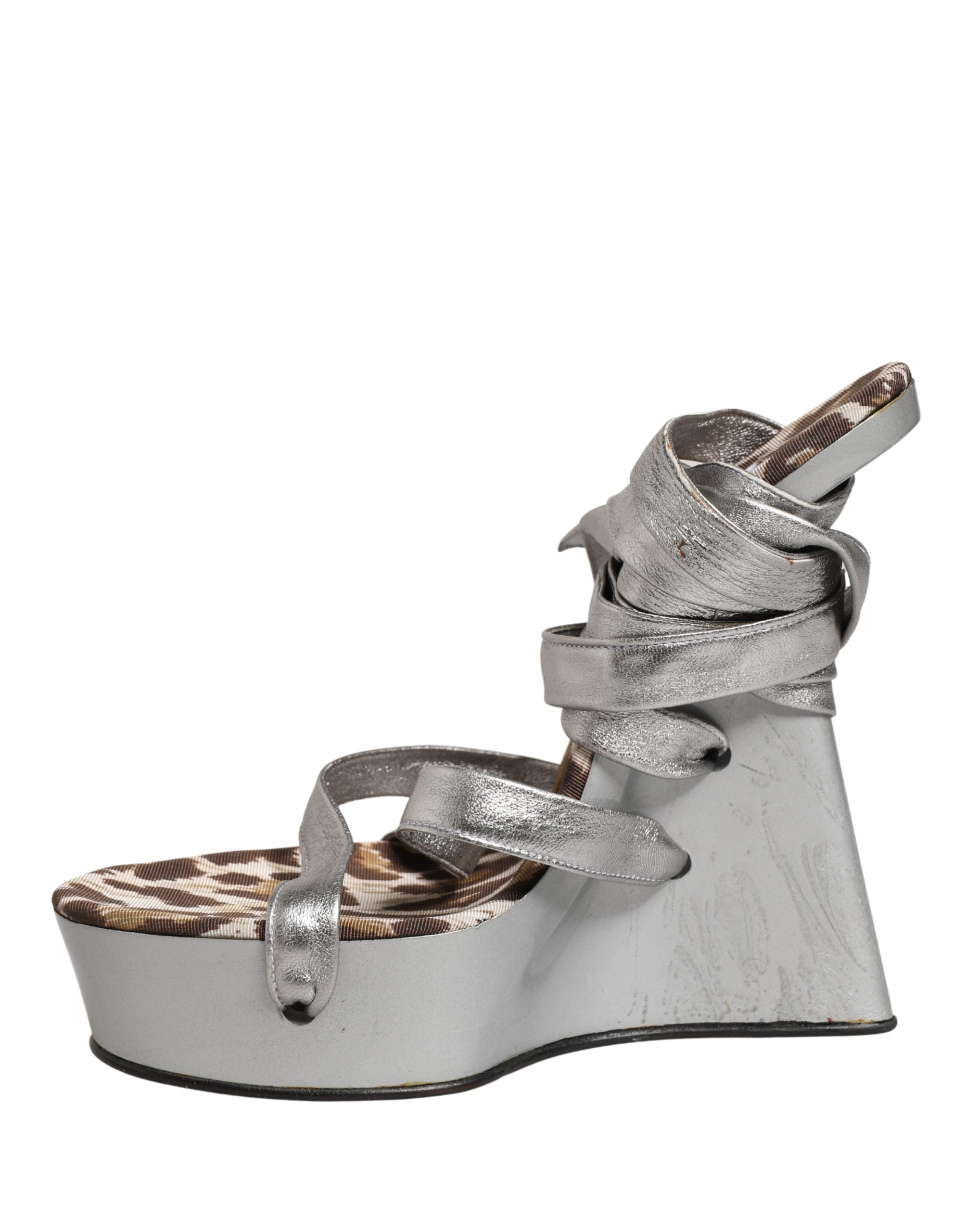 Dolce & Gabbana Silver Leather Platform Wedge Sandals Shoes