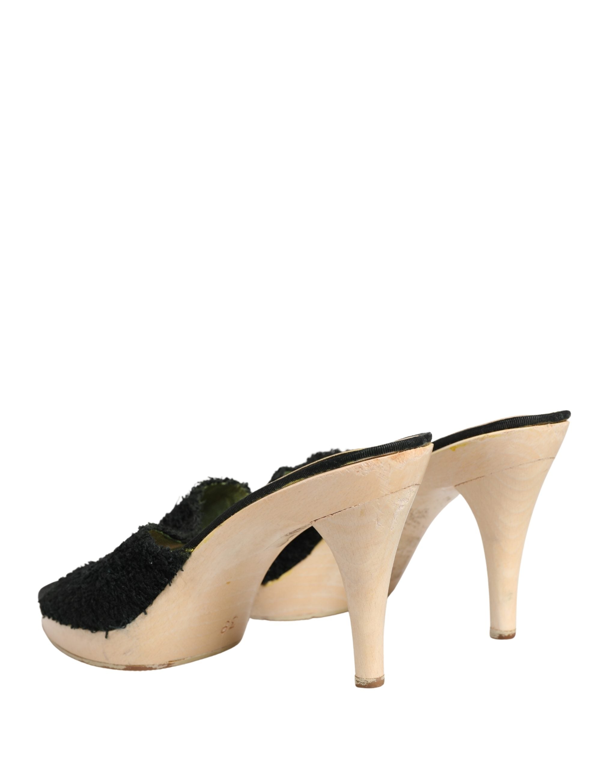 Dolce & Gabbana Black Fabric Fur Mule Wood Platform Heel Shoes