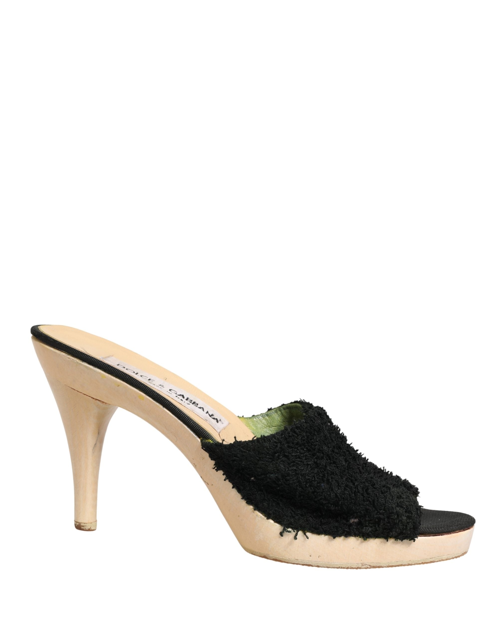 Dolce & Gabbana Black Fabric Fur Mule Wood Platform Heel Shoes