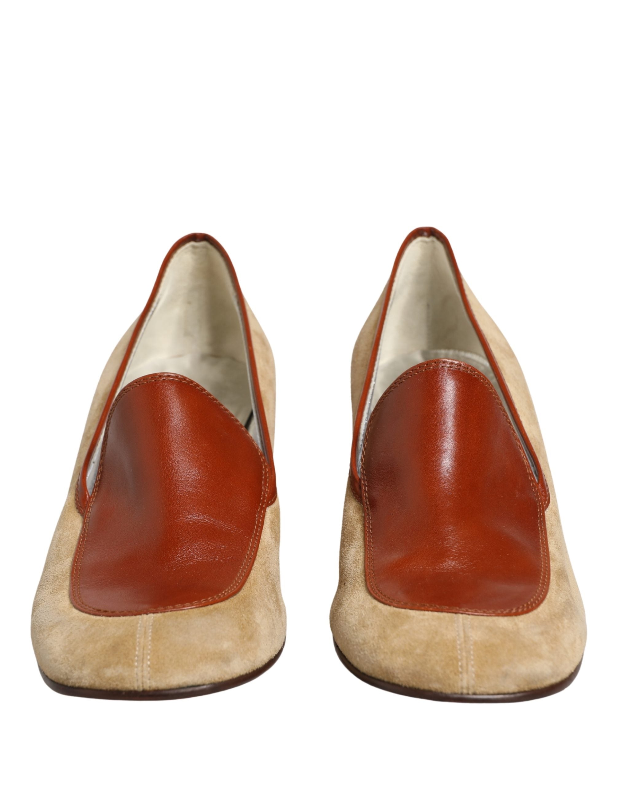 Dolce & Gabbana Beige Leather Suede Block Heel Loafers Shoes
