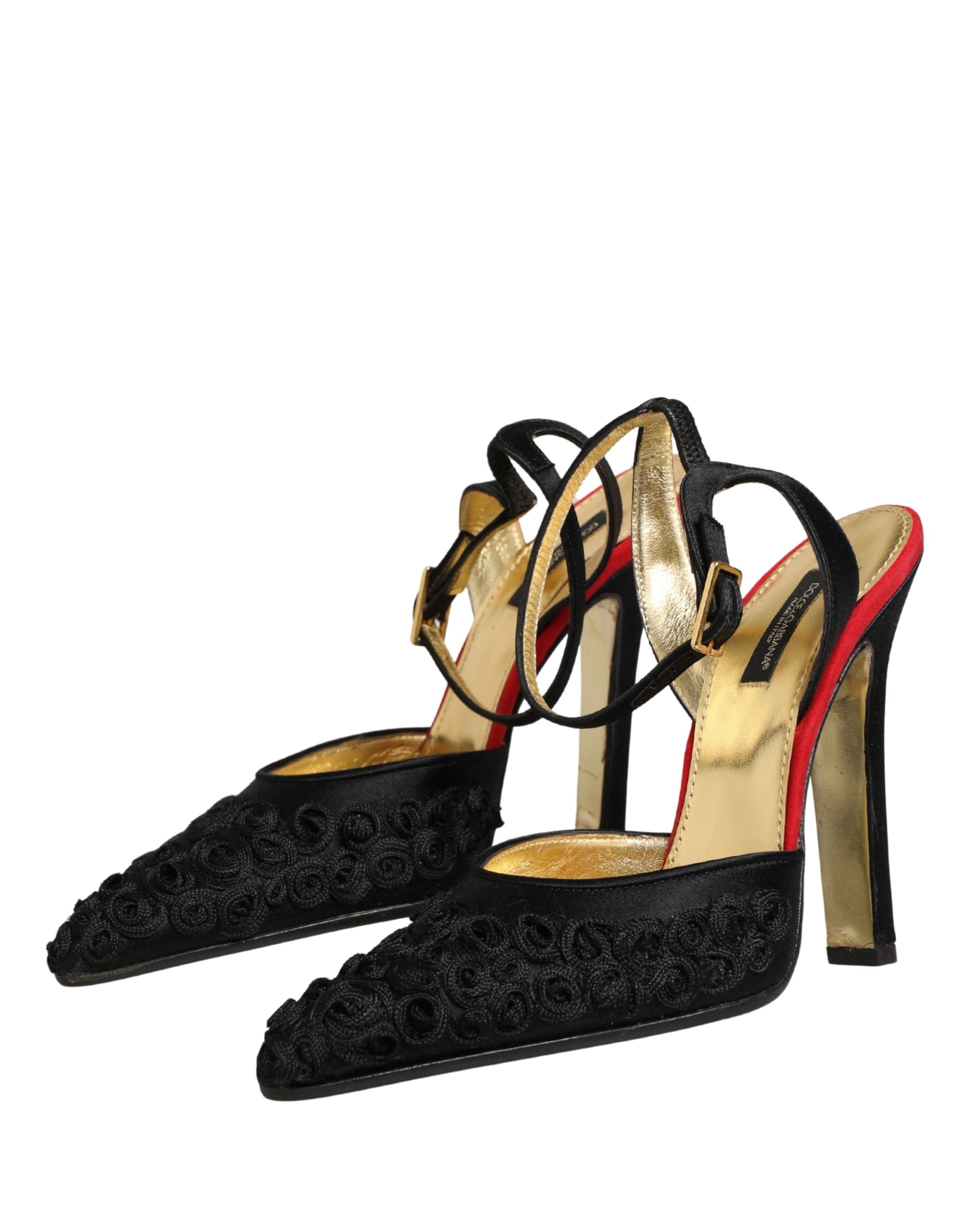 Dolce & Gabbana Black Satin Floral Ankle Strap Sandals Shoes