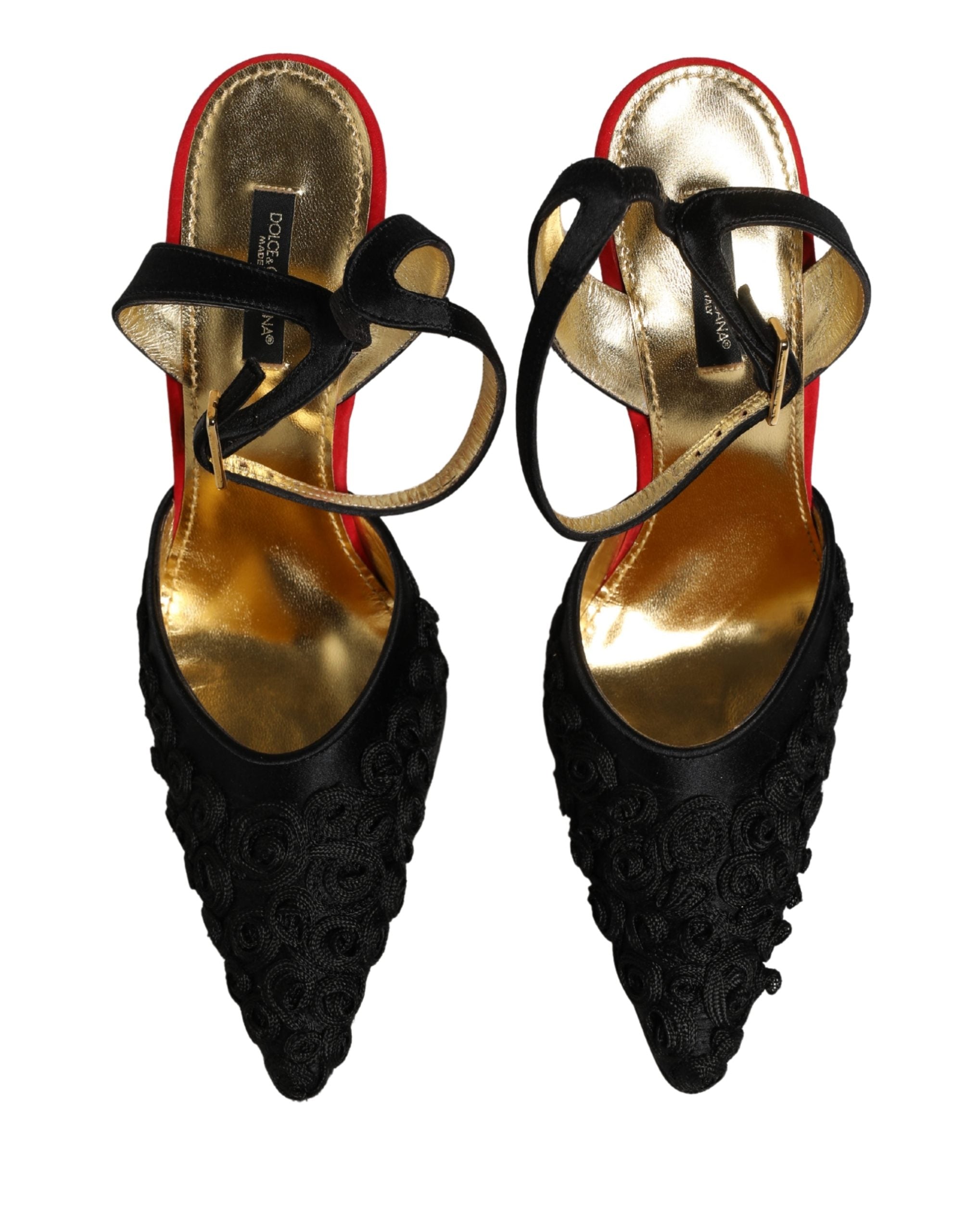 Dolce & Gabbana Black Satin Floral Ankle Strap Sandals Shoes