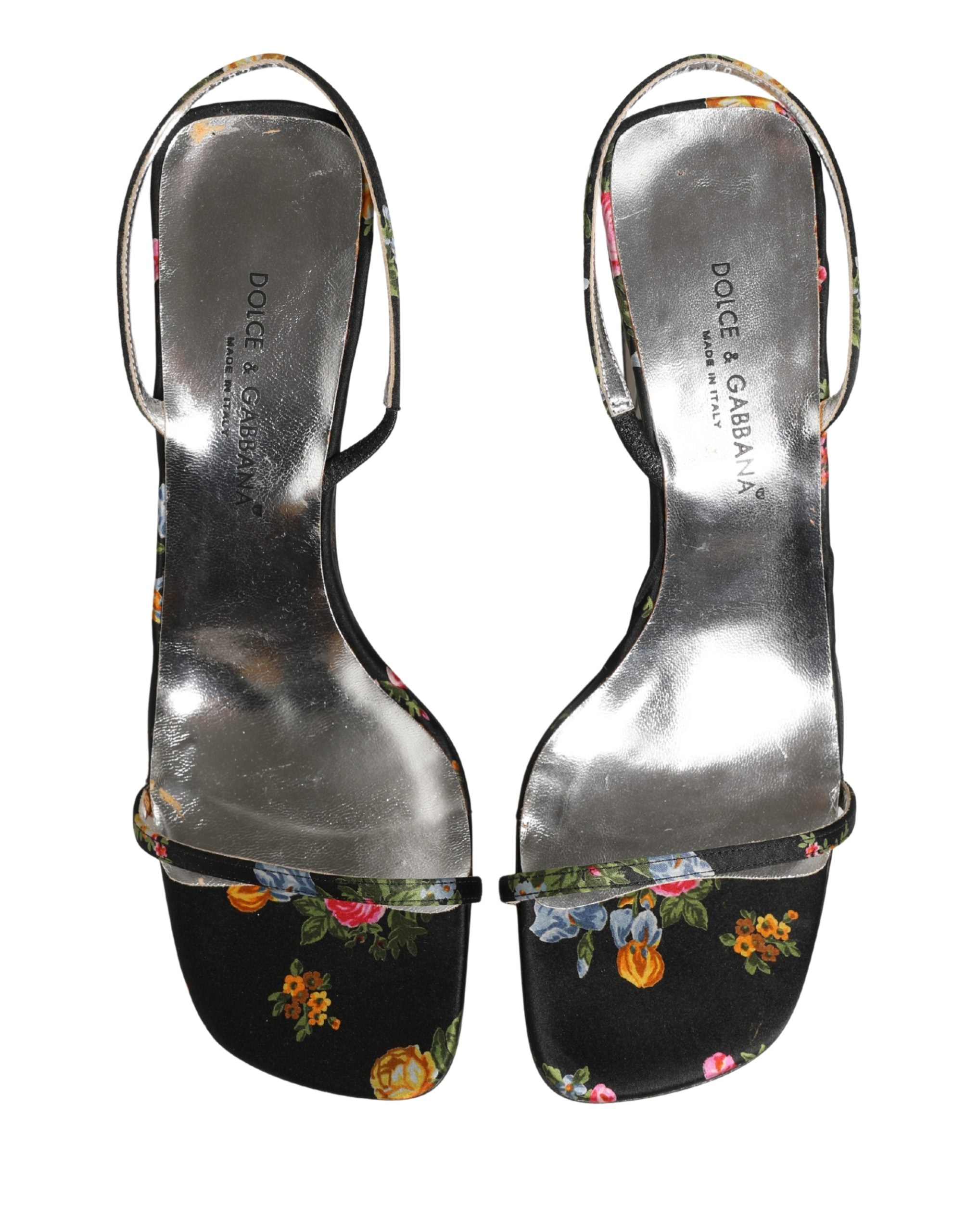 Dolce & Gabbana Black Silver Floral Block Heels Sandals Shoes