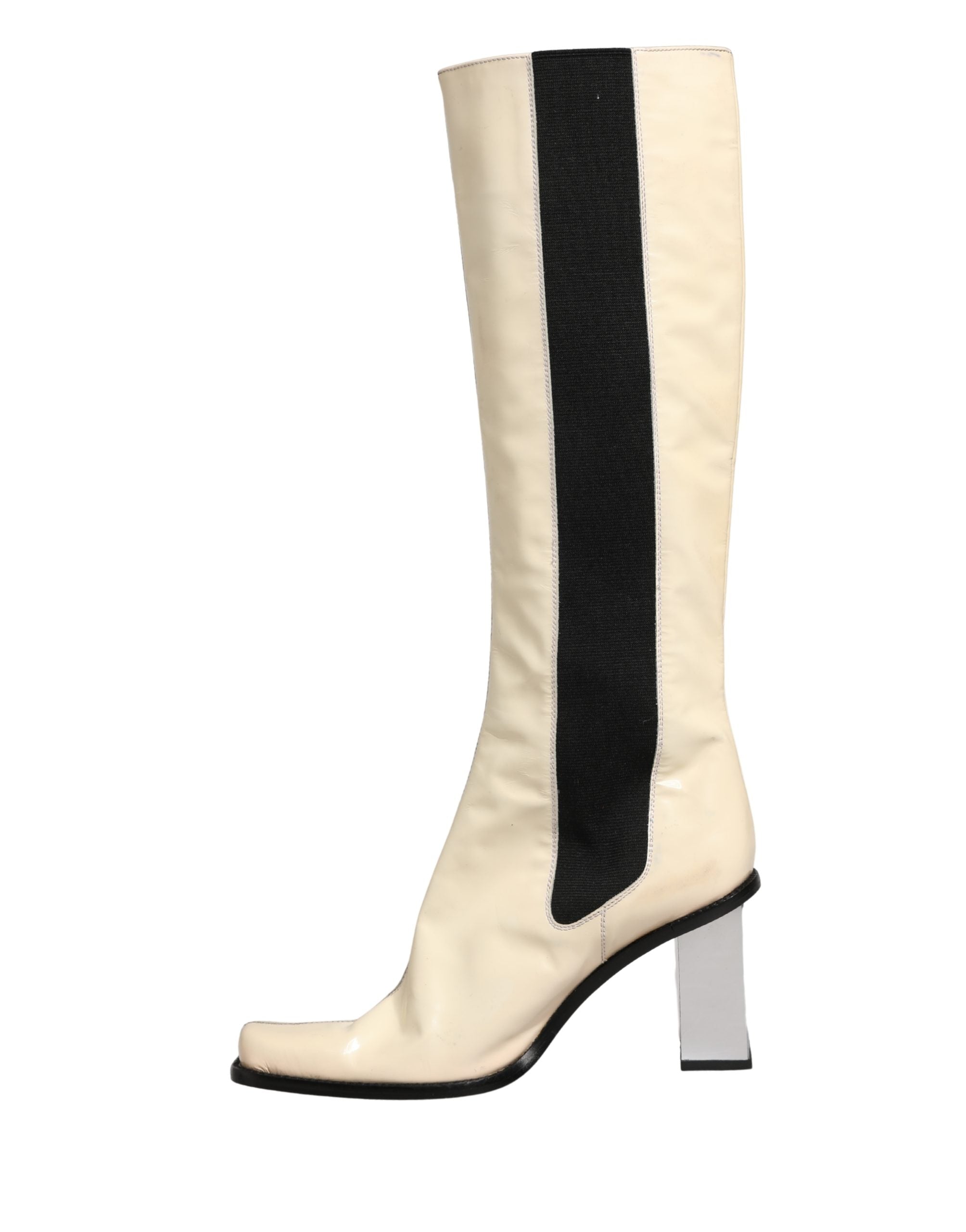 Dolce & Gabbana White Black Leather Knee High Boots Shoes