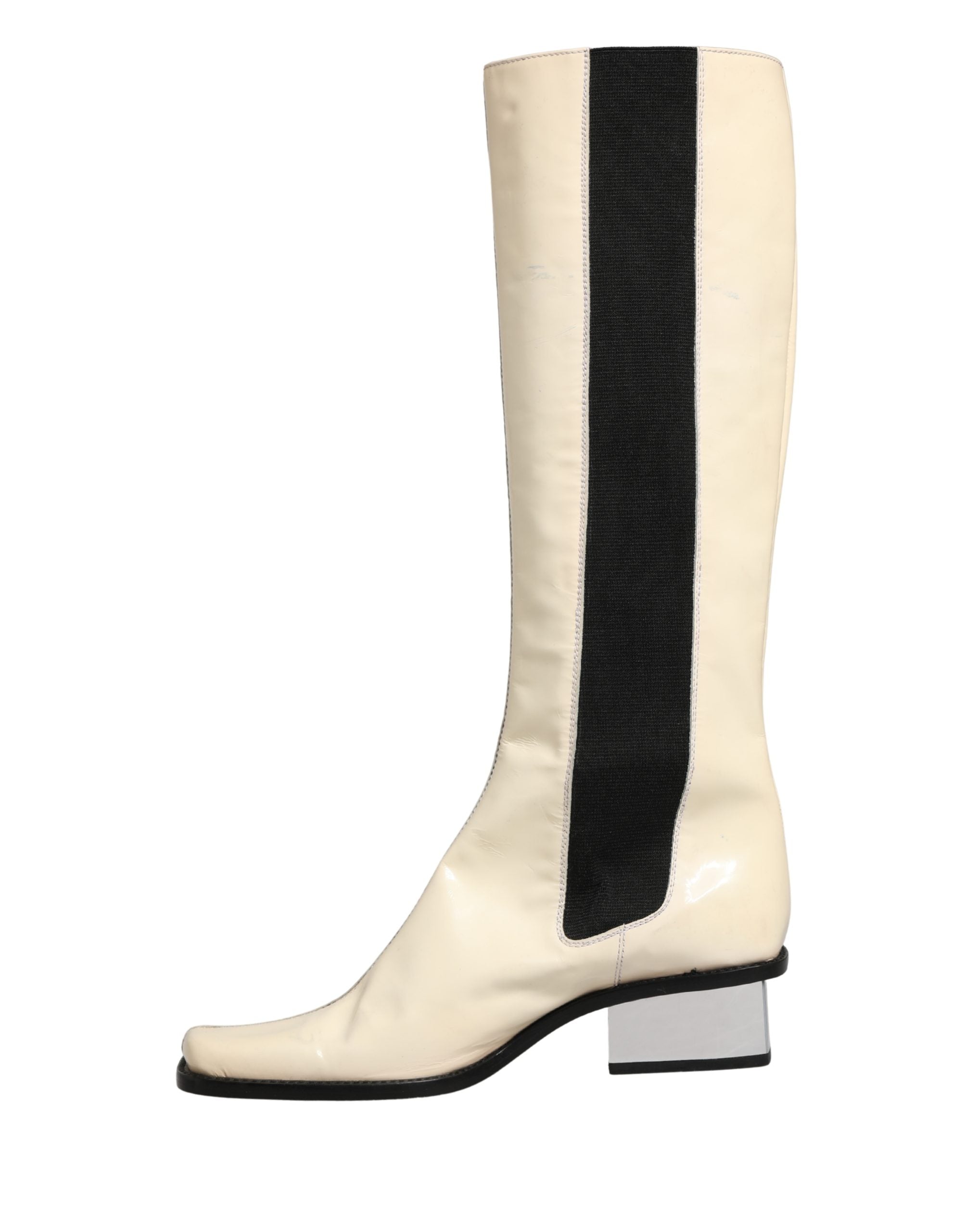 Dolce & Gabbana White Black Leather Knee High Boots Shoes