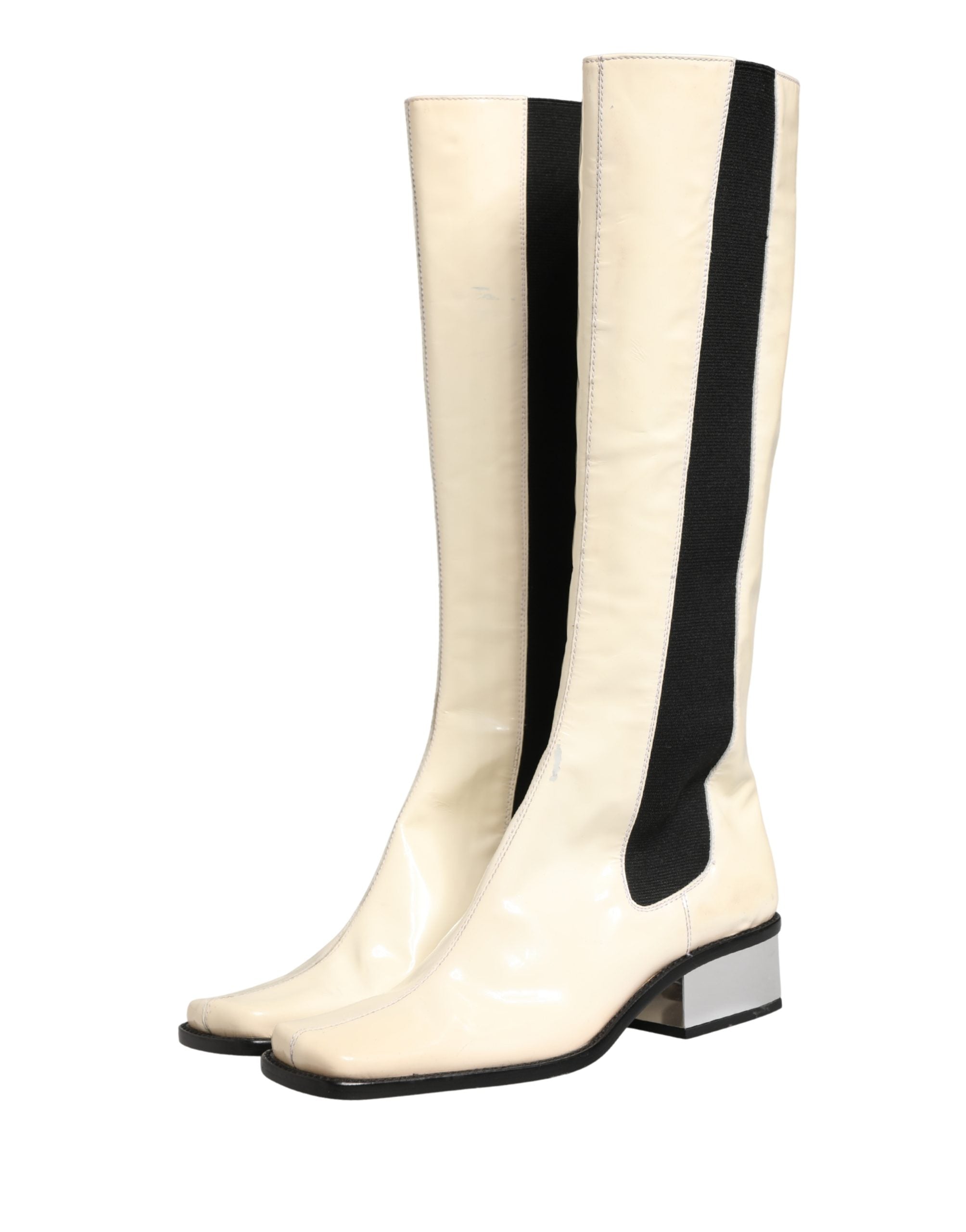 Dolce & Gabbana White Black Leather Knee High Boots Shoes