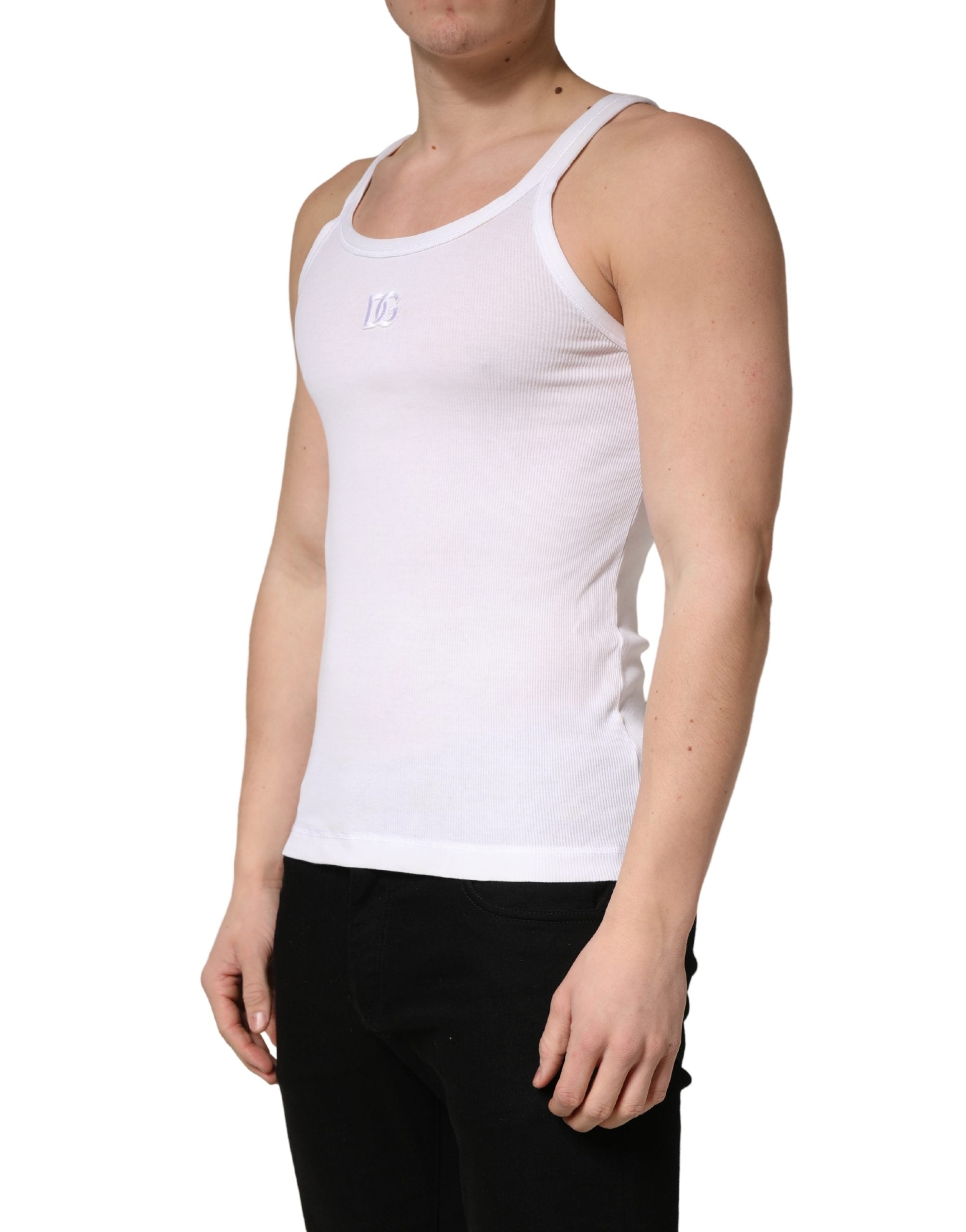 Dolce & Gabbana White Ribbed Cotton Sleeveless Tank  T-shirt