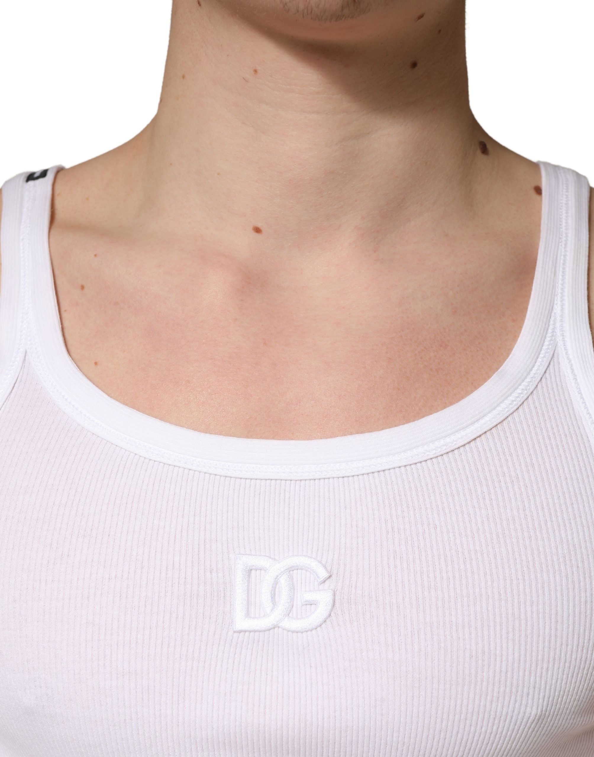 Dolce & Gabbana White Ribbed Cotton Sleeveless Tank  T-shirt