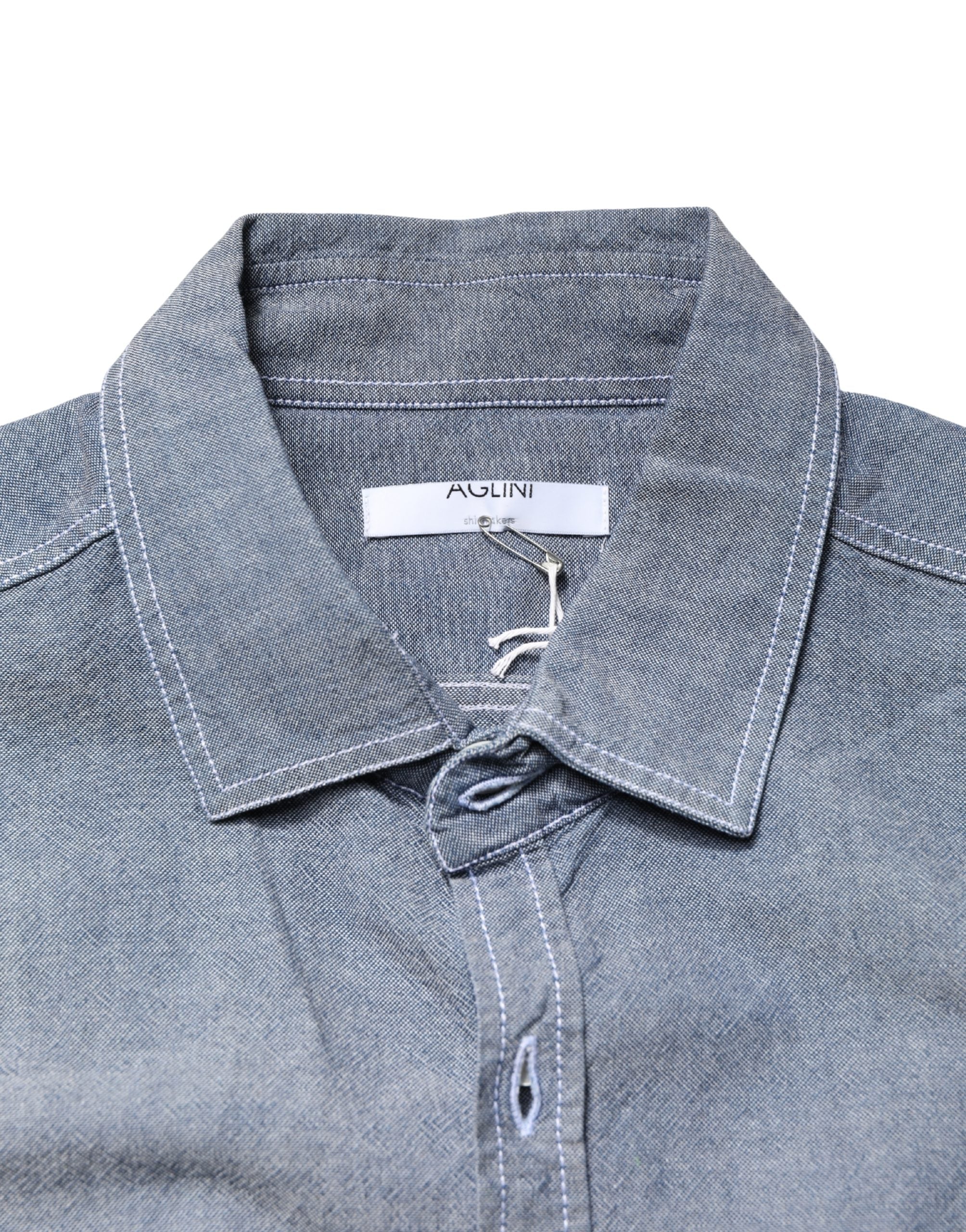 AGLINI Dark Blue Slim Fit Collared Long Sleeve Denim Shirt