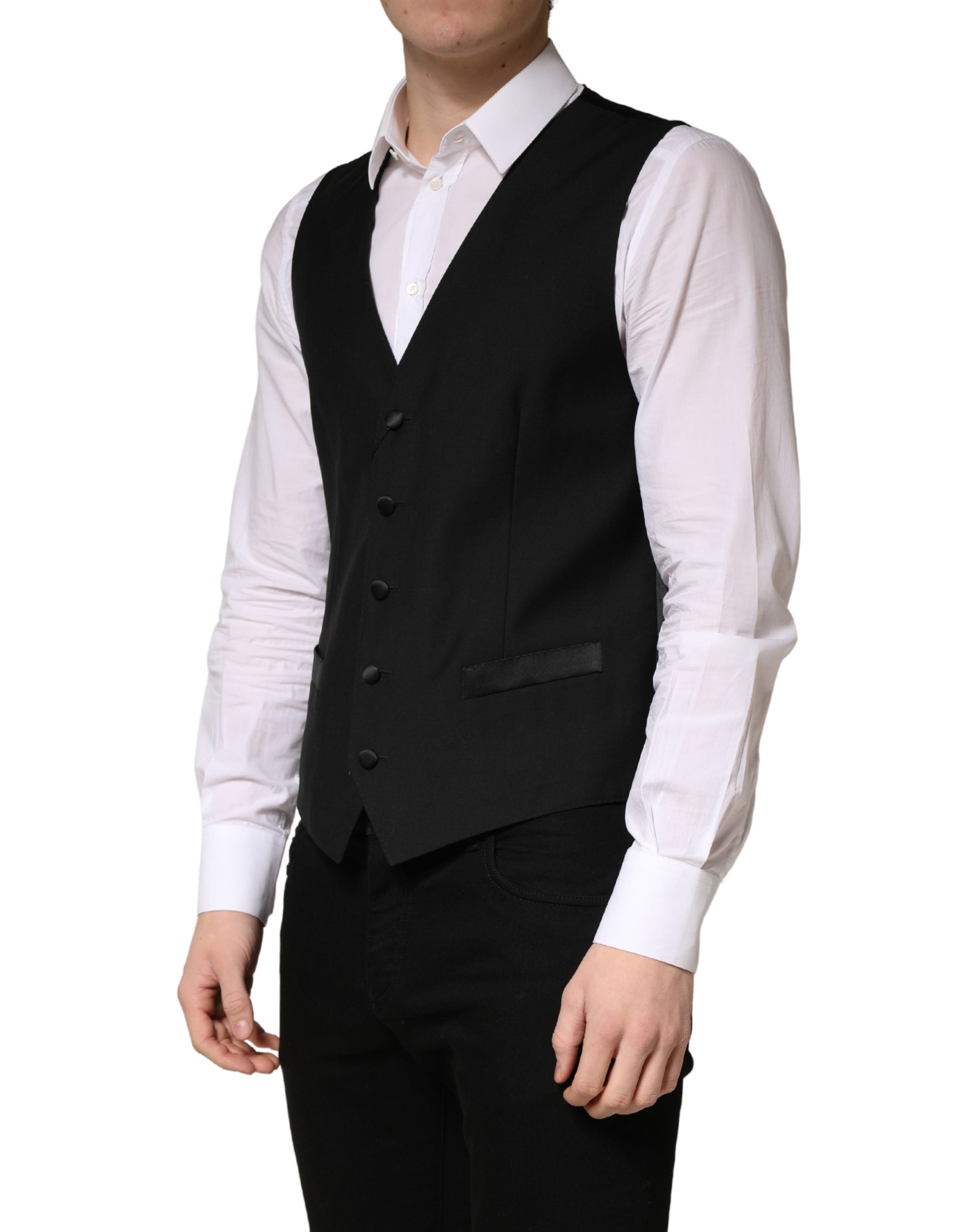 Dolce & Gabbana Black Wool Single Breasted Men Waistcoat Vest