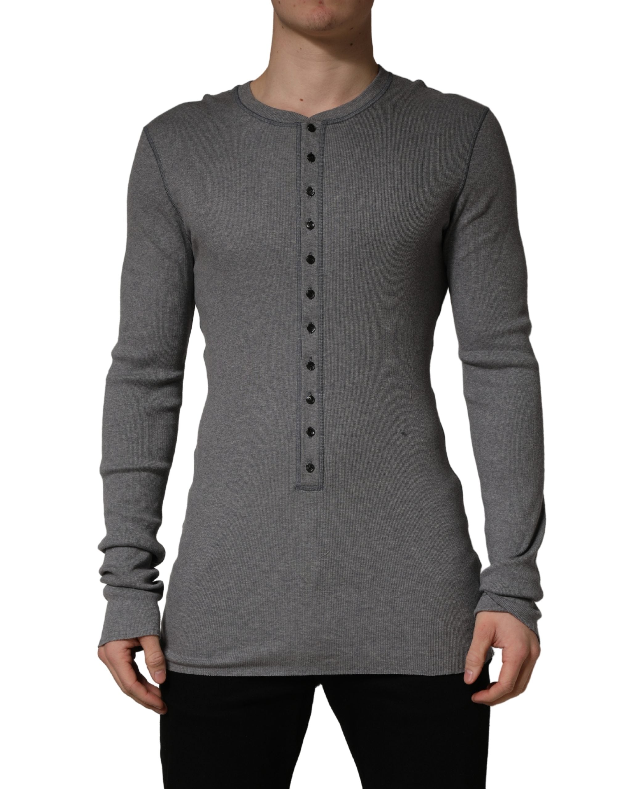 Dolce & Gabbana Gray Ribbed Cotton Long-Sleeve Henley  T-shirt