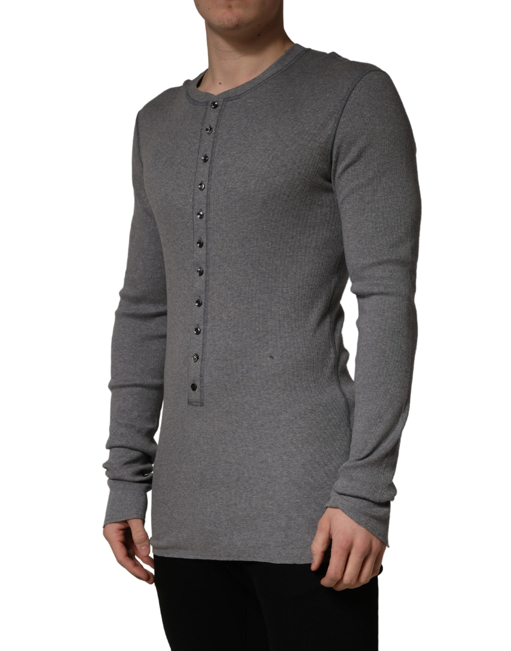 Dolce & Gabbana Gray Ribbed Cotton Long-Sleeve Henley  T-shirt