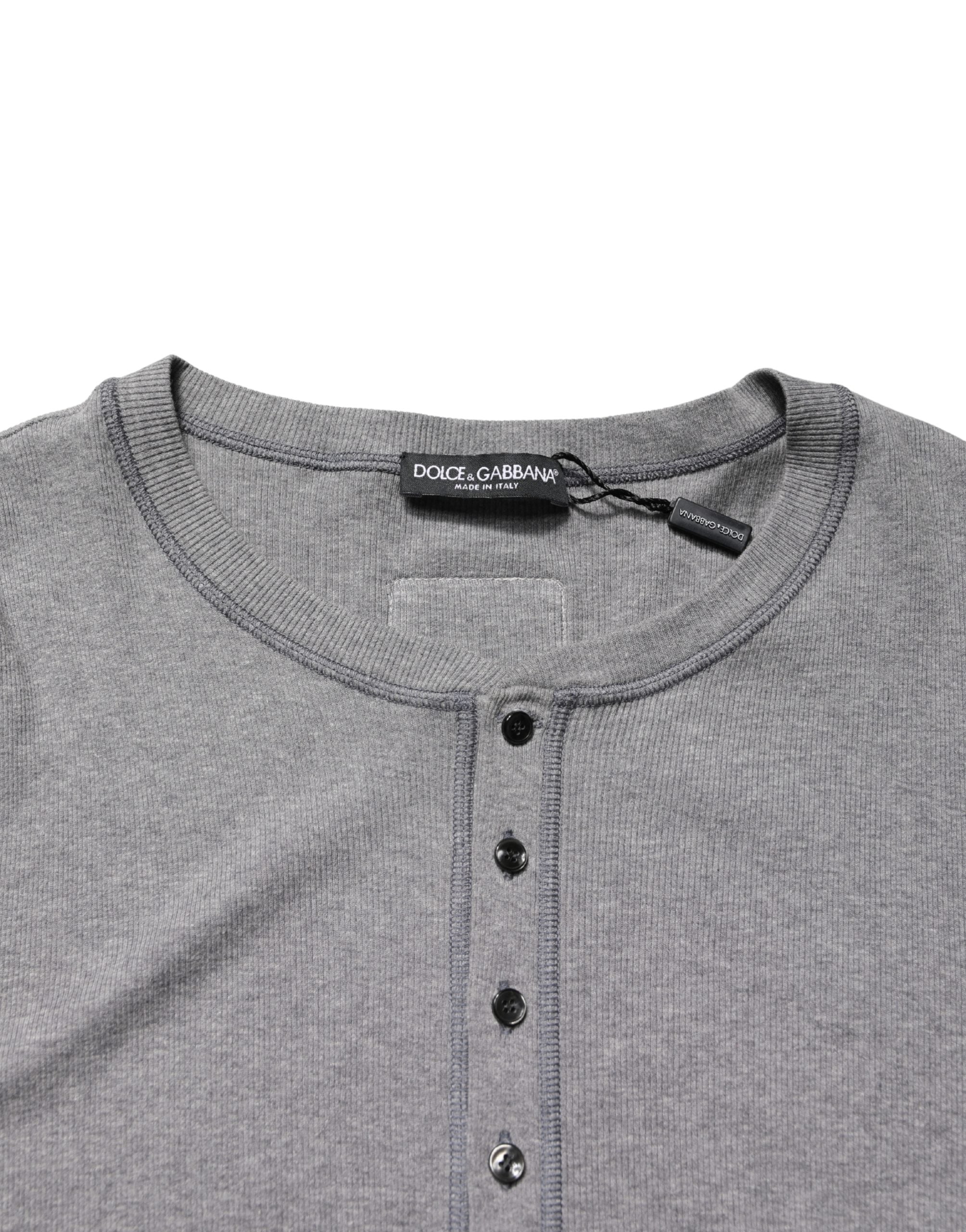Dolce & Gabbana Gray Ribbed Cotton Long-Sleeve Henley  T-shirt