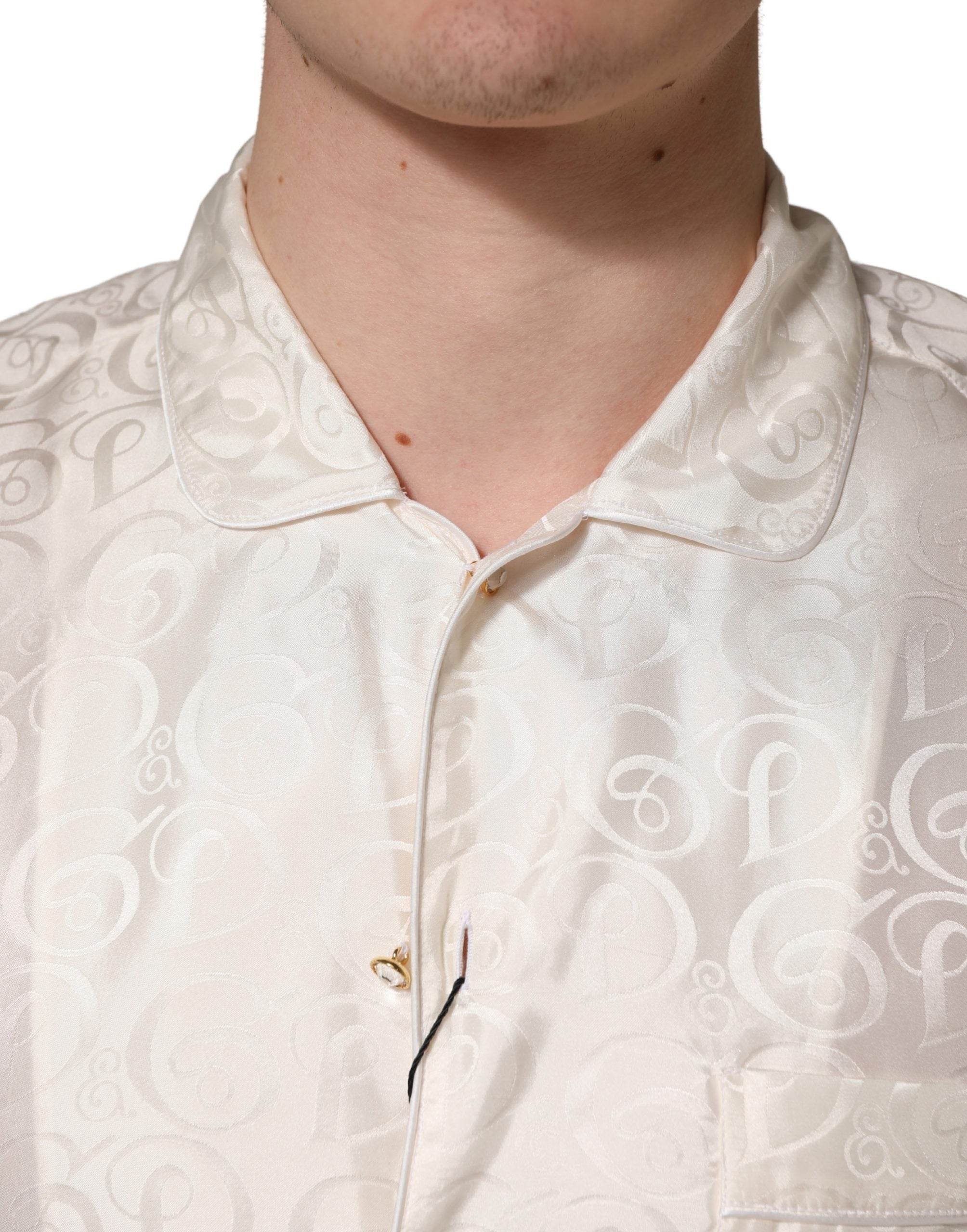 Dolce & Gabbana White Silk Long Sleeve Tonal Logo Print Shirt