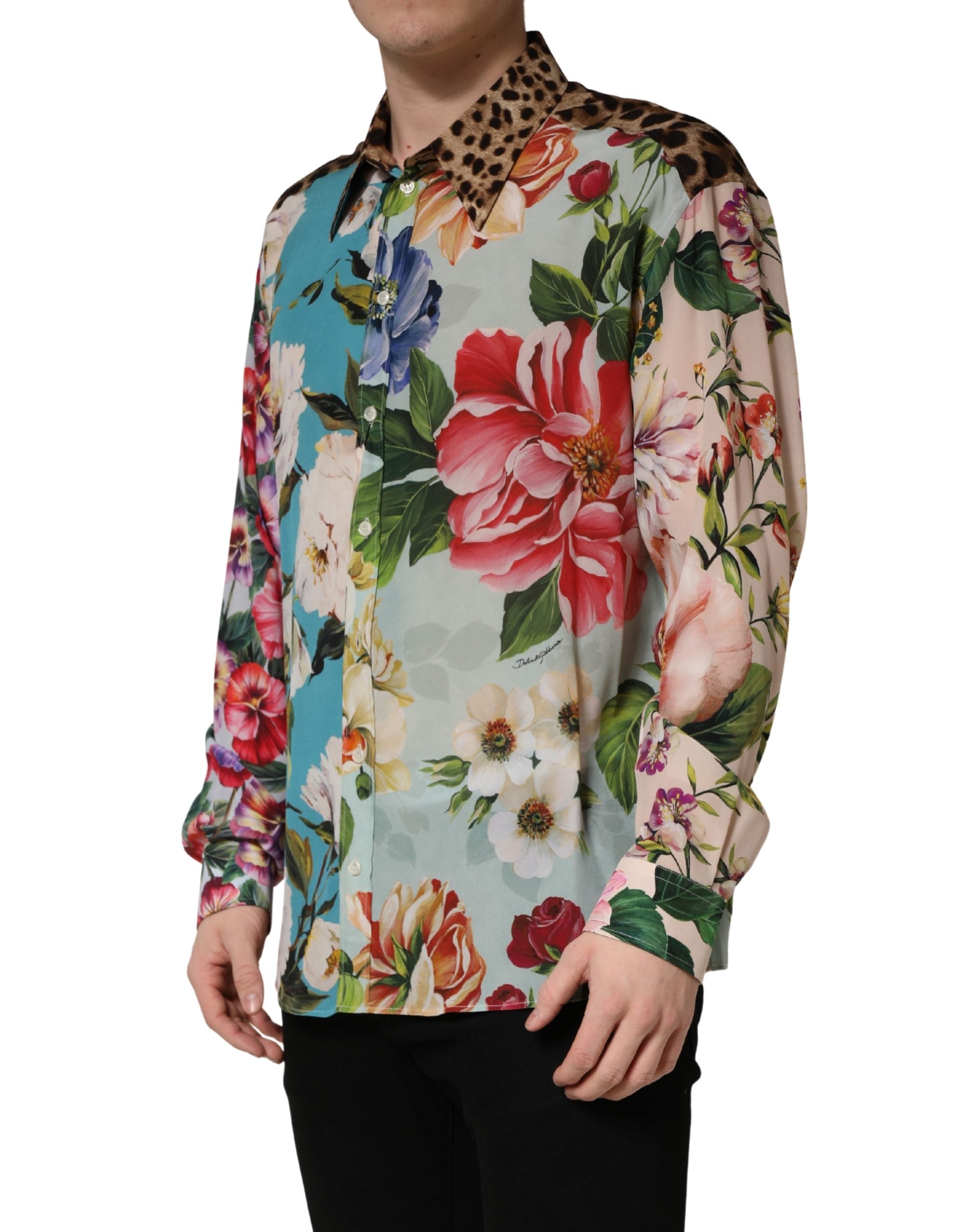 Dolce & Gabbana Multicolor Floral Animal Print Collared Shirt