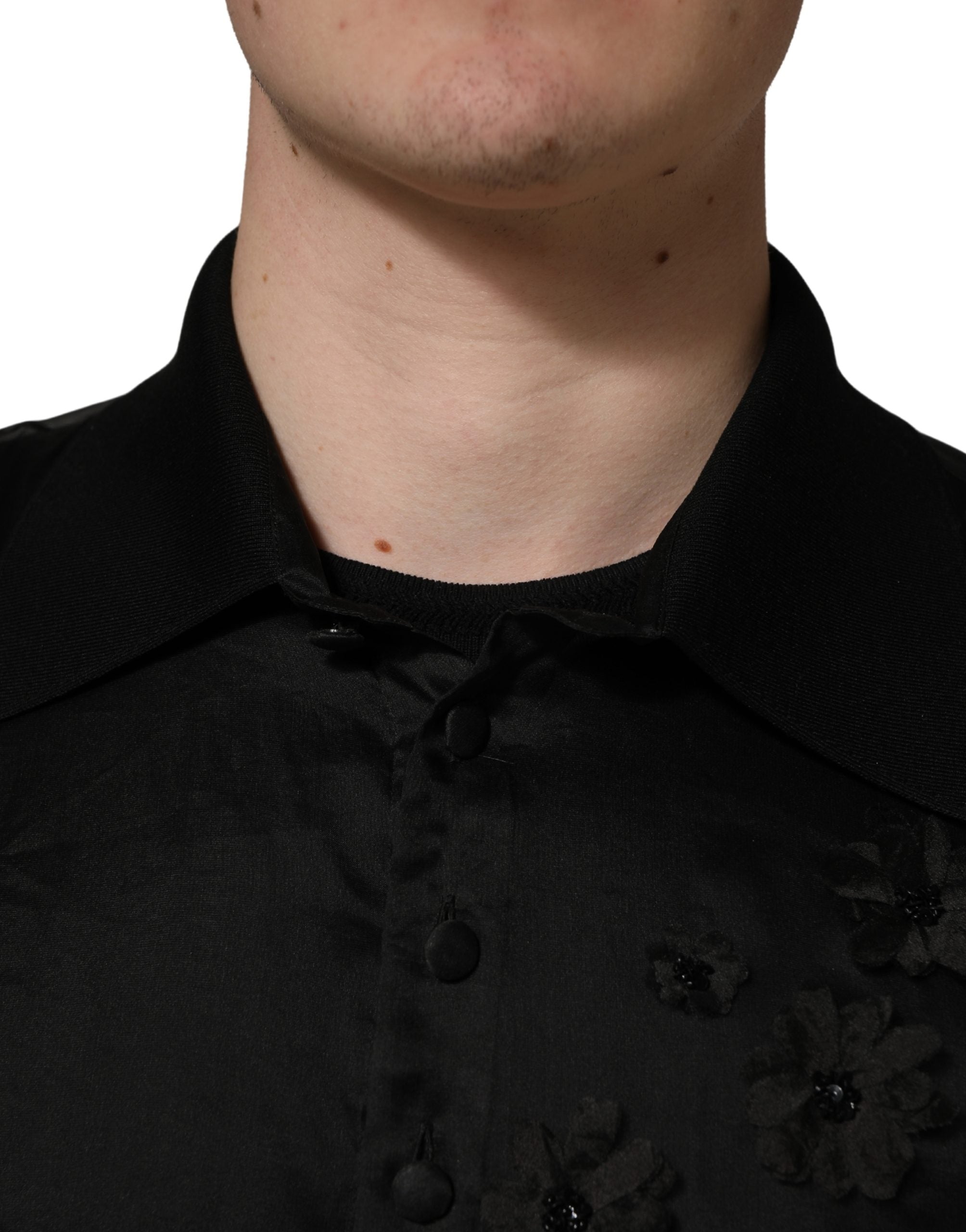 Dolce & Gabbana Black Floral Applique Sheer Short Sleeve Shirt