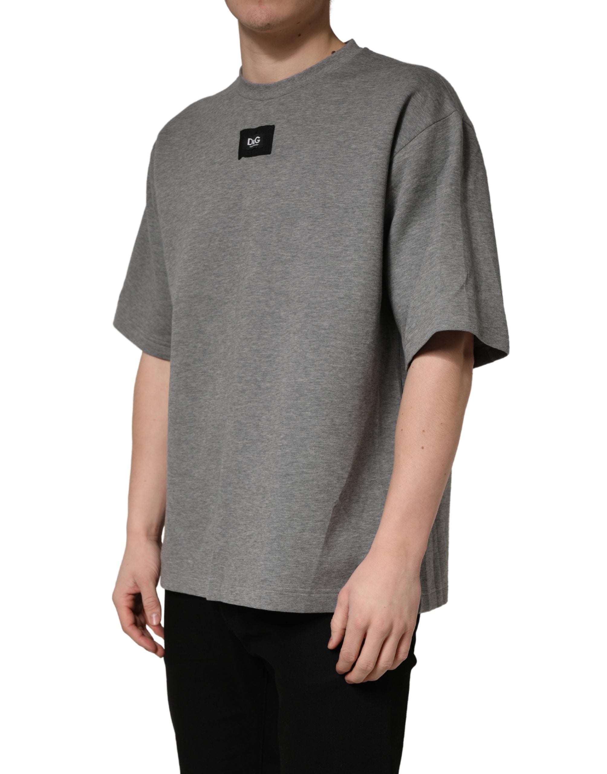 Dolce & Gabbana Gray Cotton Logo Appliqué CrewNeck T-shirt