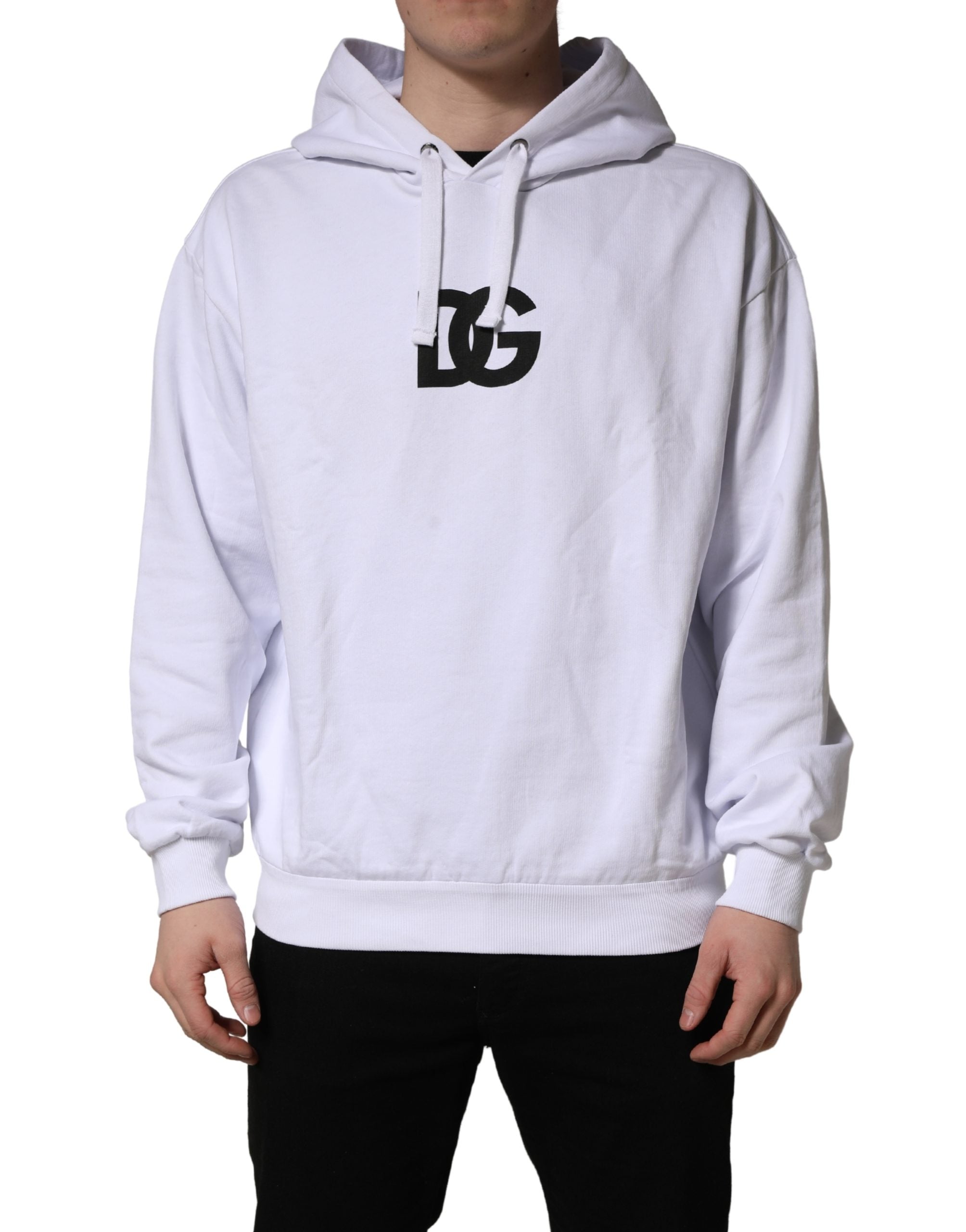 Dolce & Gabbana White Logo Print Cotton Hooded Sweatshirt Sweater