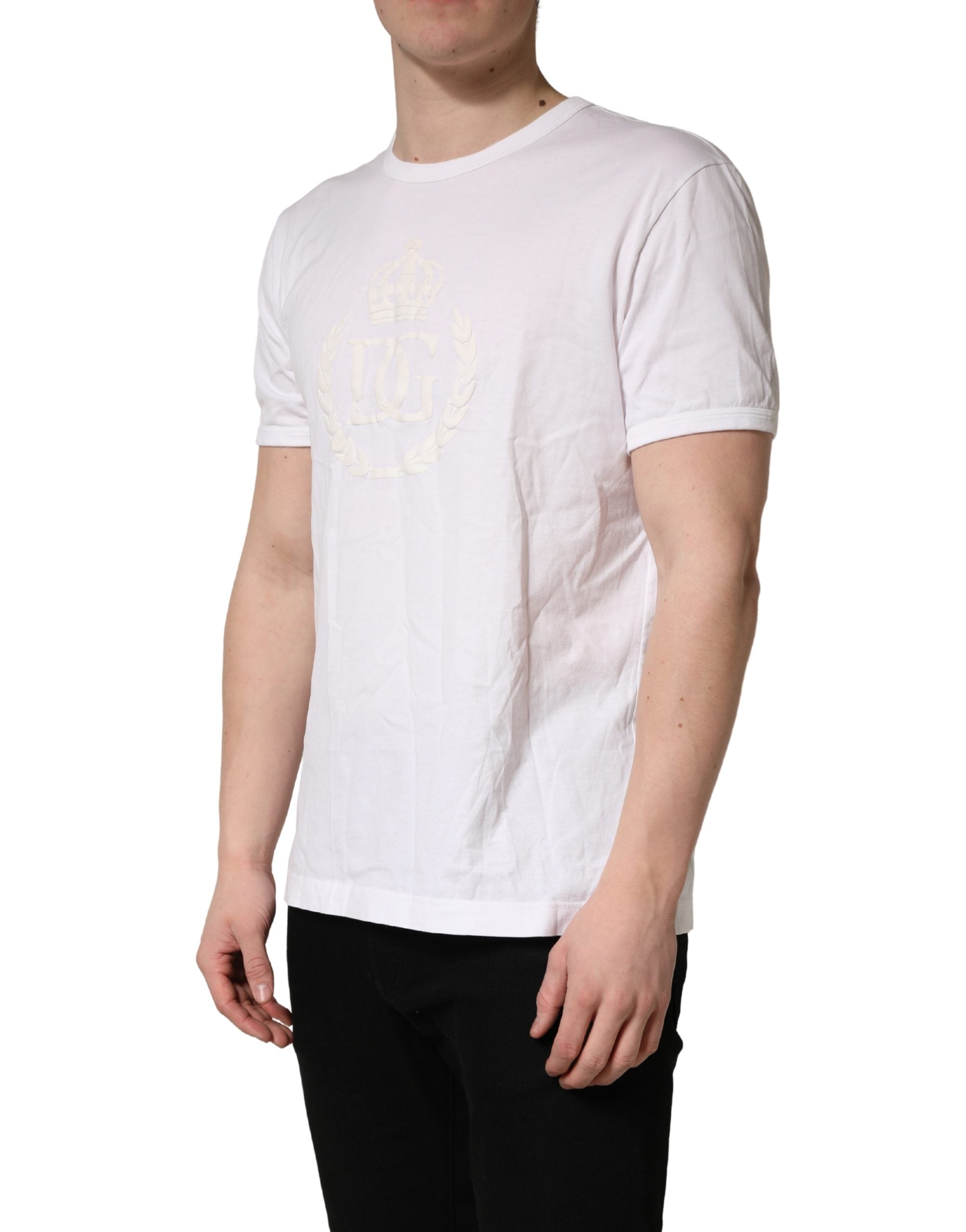 Dolce & Gabbana White Cotton DG Crown Embossed Men T-shirt