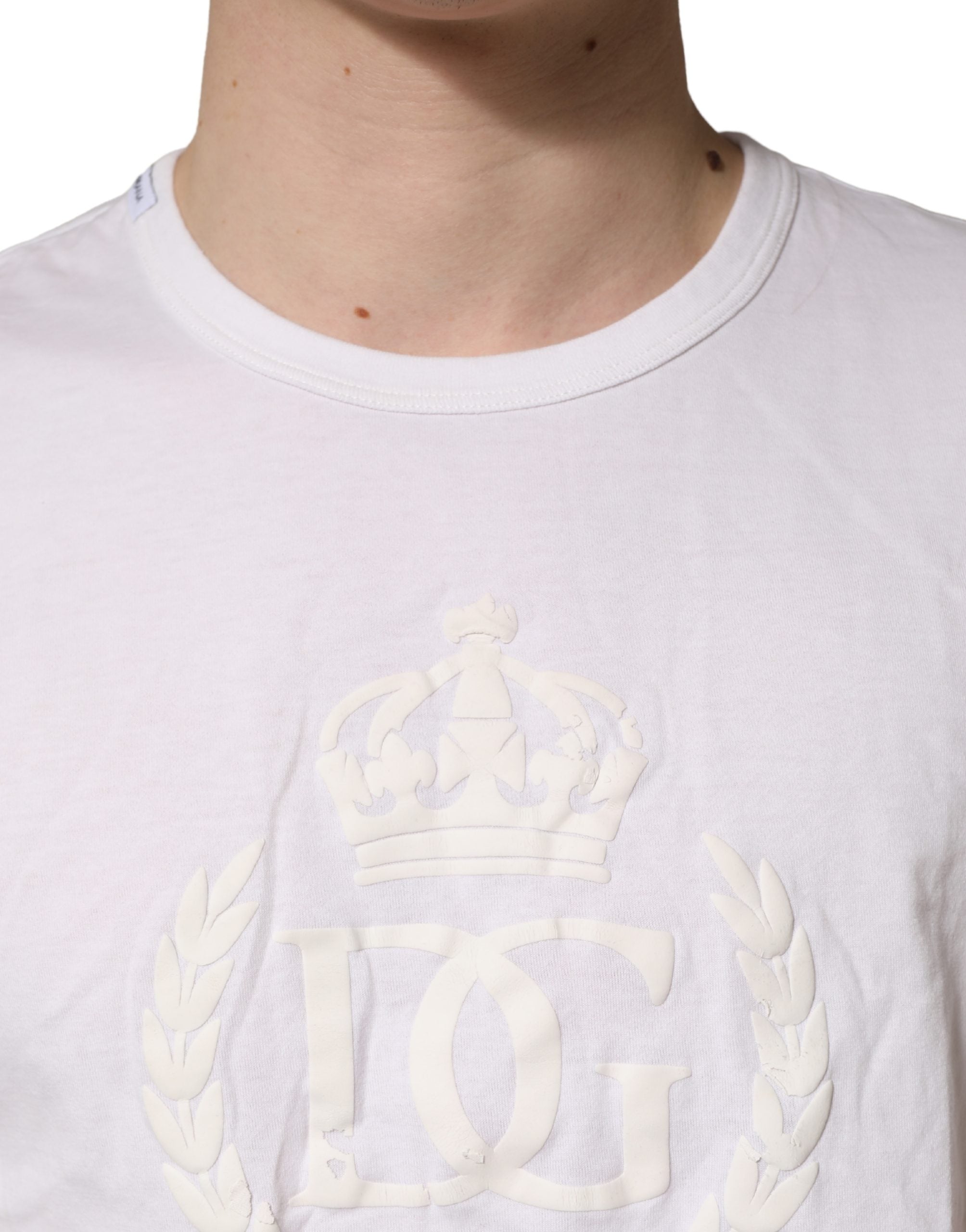 Dolce & Gabbana White Cotton DG Crown Embossed Men T-shirt