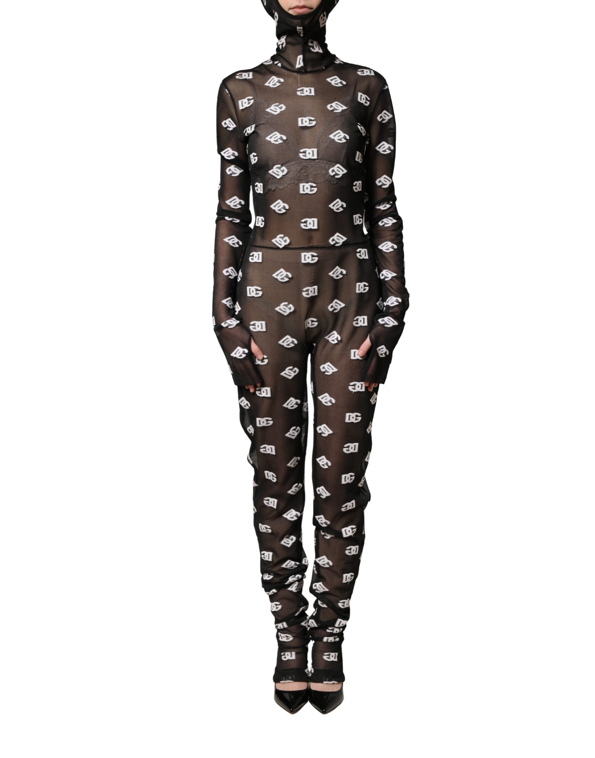 Dolce & Gabbana Black White Logo Print Hooded Jumpsuit