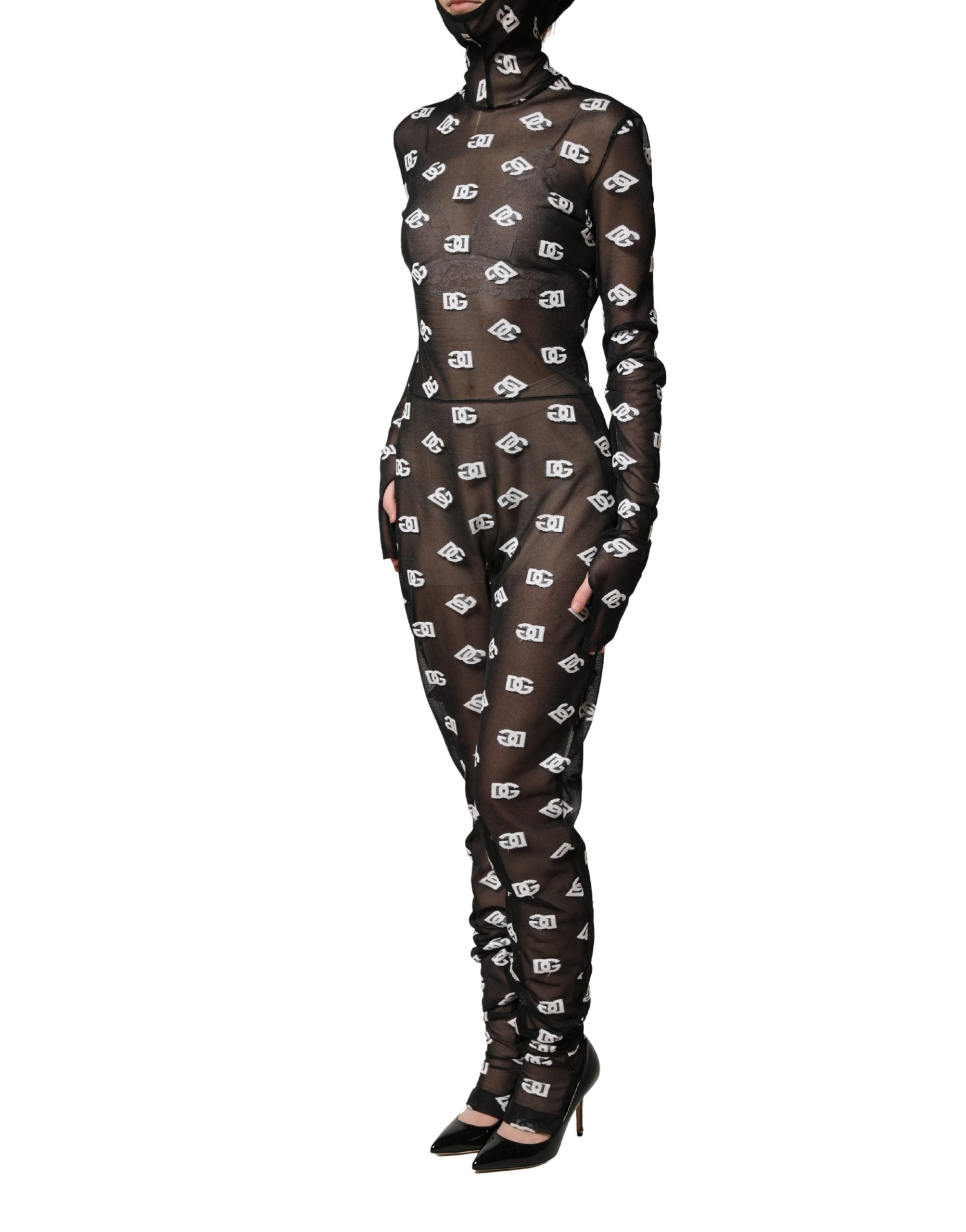 Dolce & Gabbana Black White Logo Print Hooded Jumpsuit