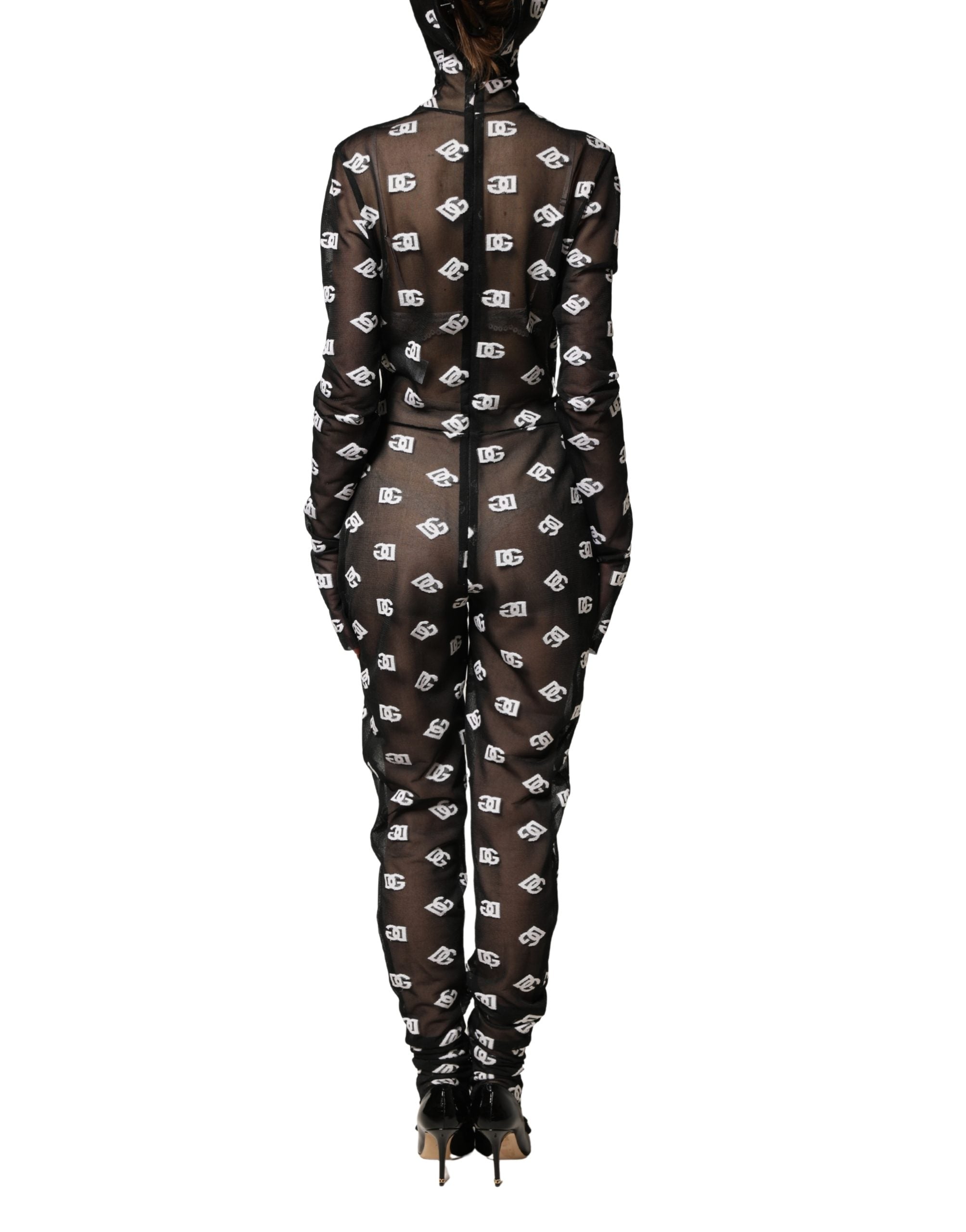 Dolce & Gabbana Black White Logo Print Hooded Jumpsuit