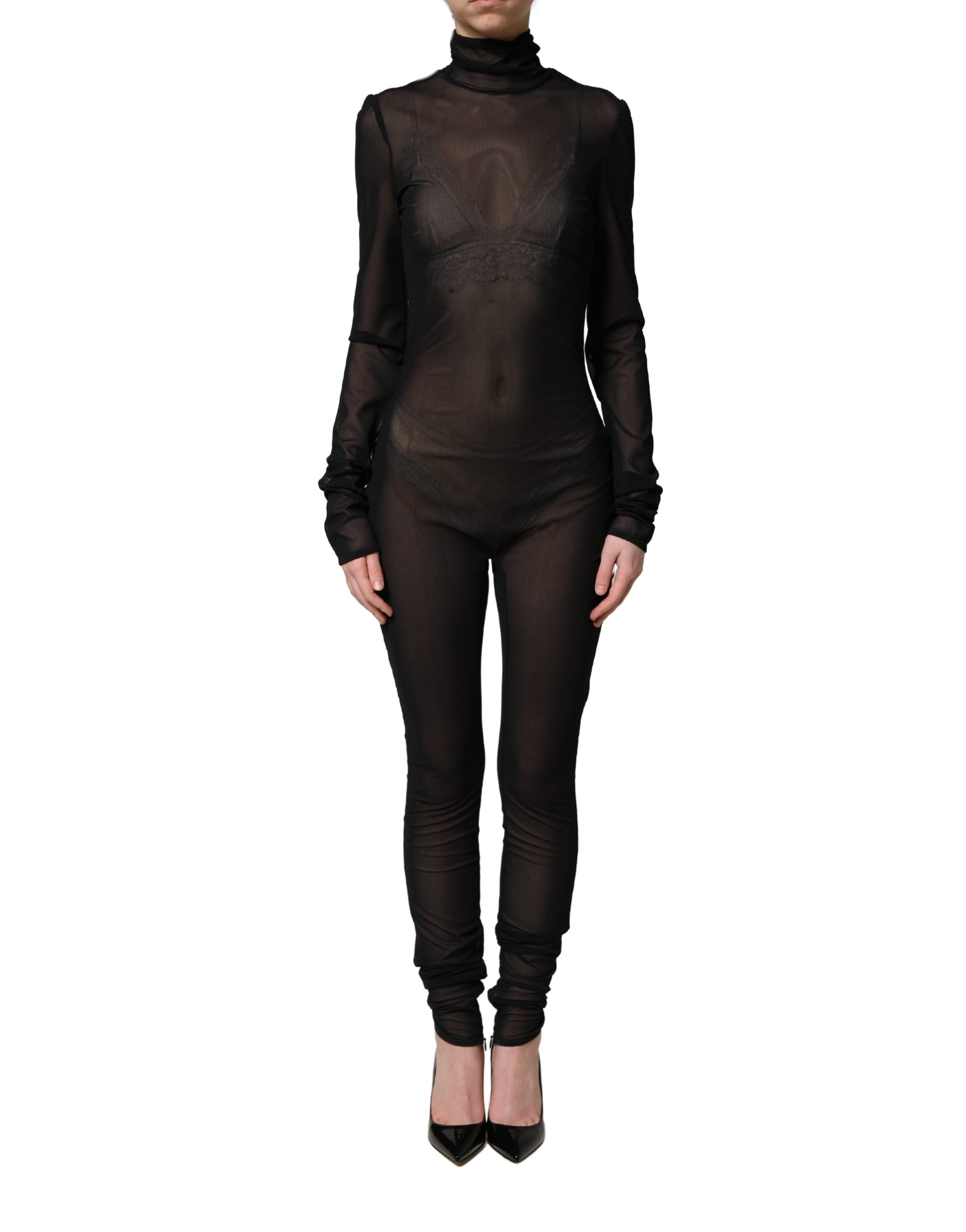 Dolce & Gabbana Black Nylon Sheer Turtleneck Jumpsuit
