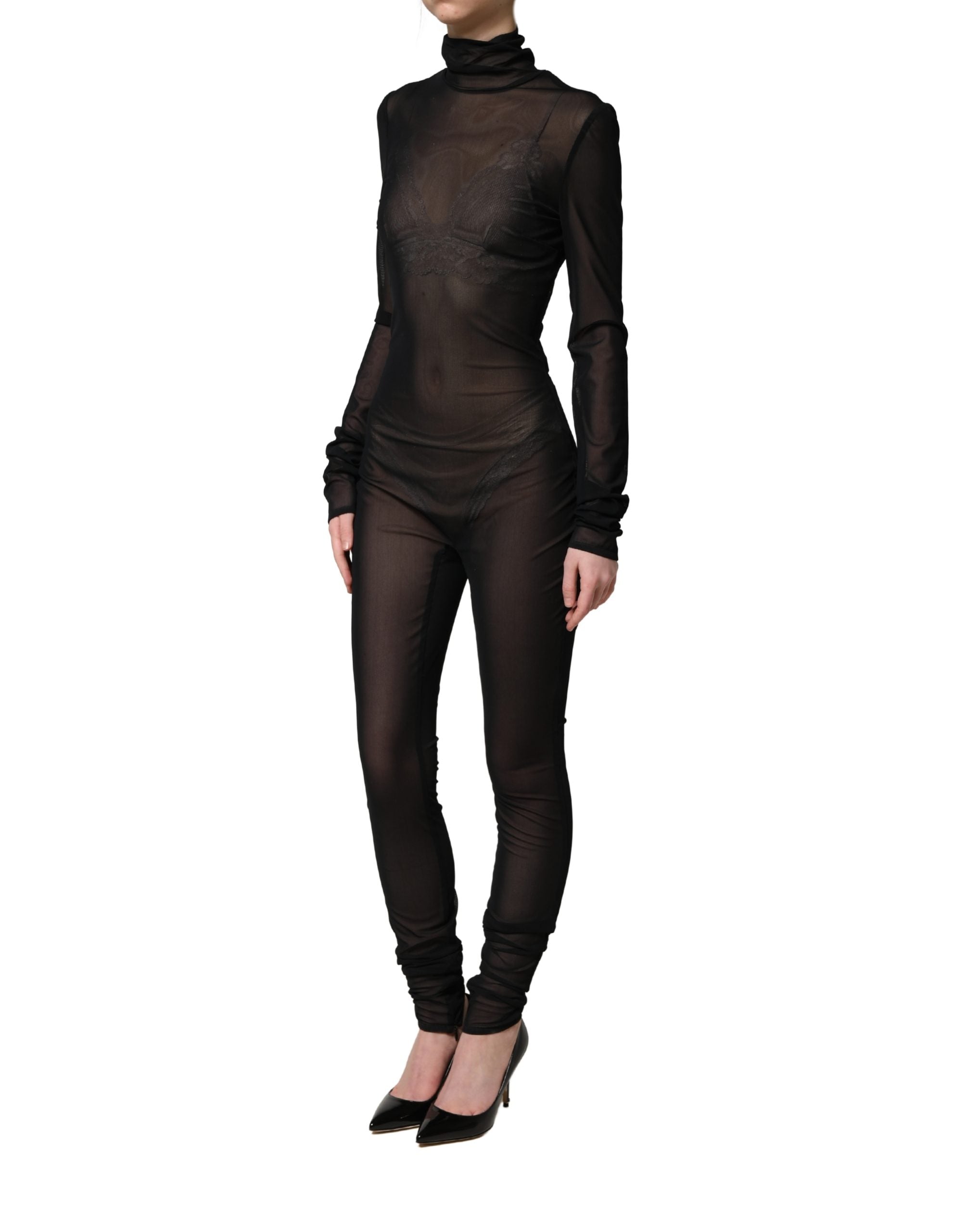 Dolce & Gabbana Black Nylon Sheer Turtleneck Jumpsuit