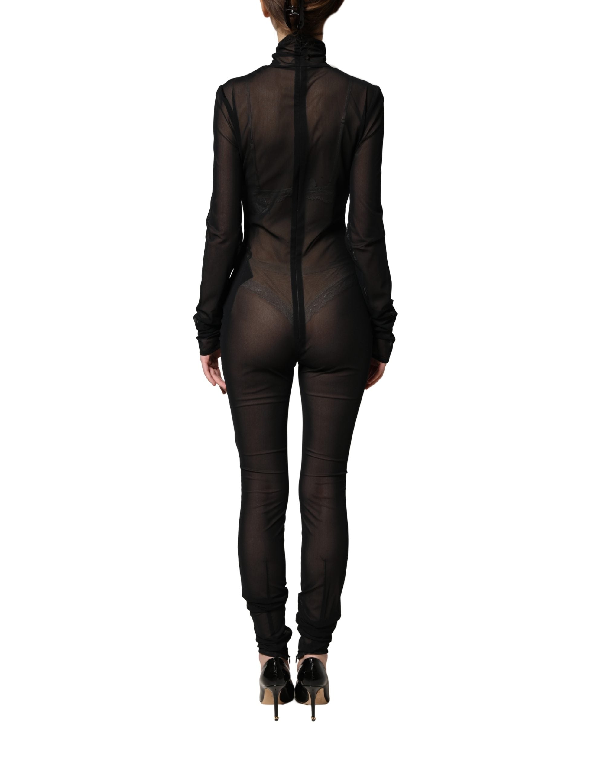 Dolce & Gabbana Black Nylon Sheer Turtleneck Jumpsuit